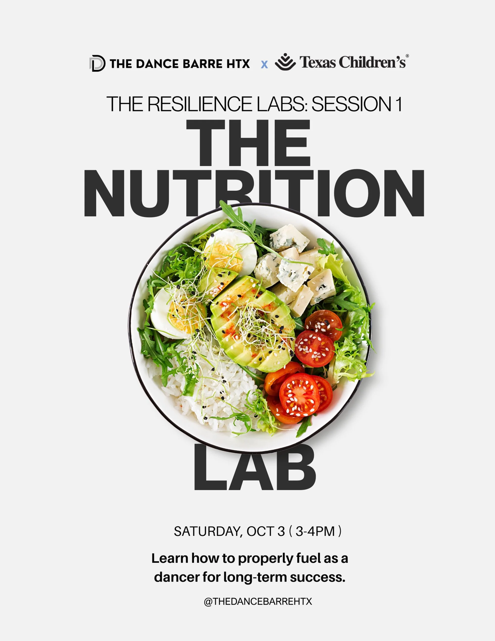 The Resilience Lab Series with The Dance Barre HTX

Session 1 &bull; The Nutrition Lab🥗
@thedancebarrehtx X @texaschildrens 

📆Saturday October 3rd &bull; 3:00-4:00PM
📍6211 Royalton st. Houston Tx. 

Resilience Labs is a studio series that gives d