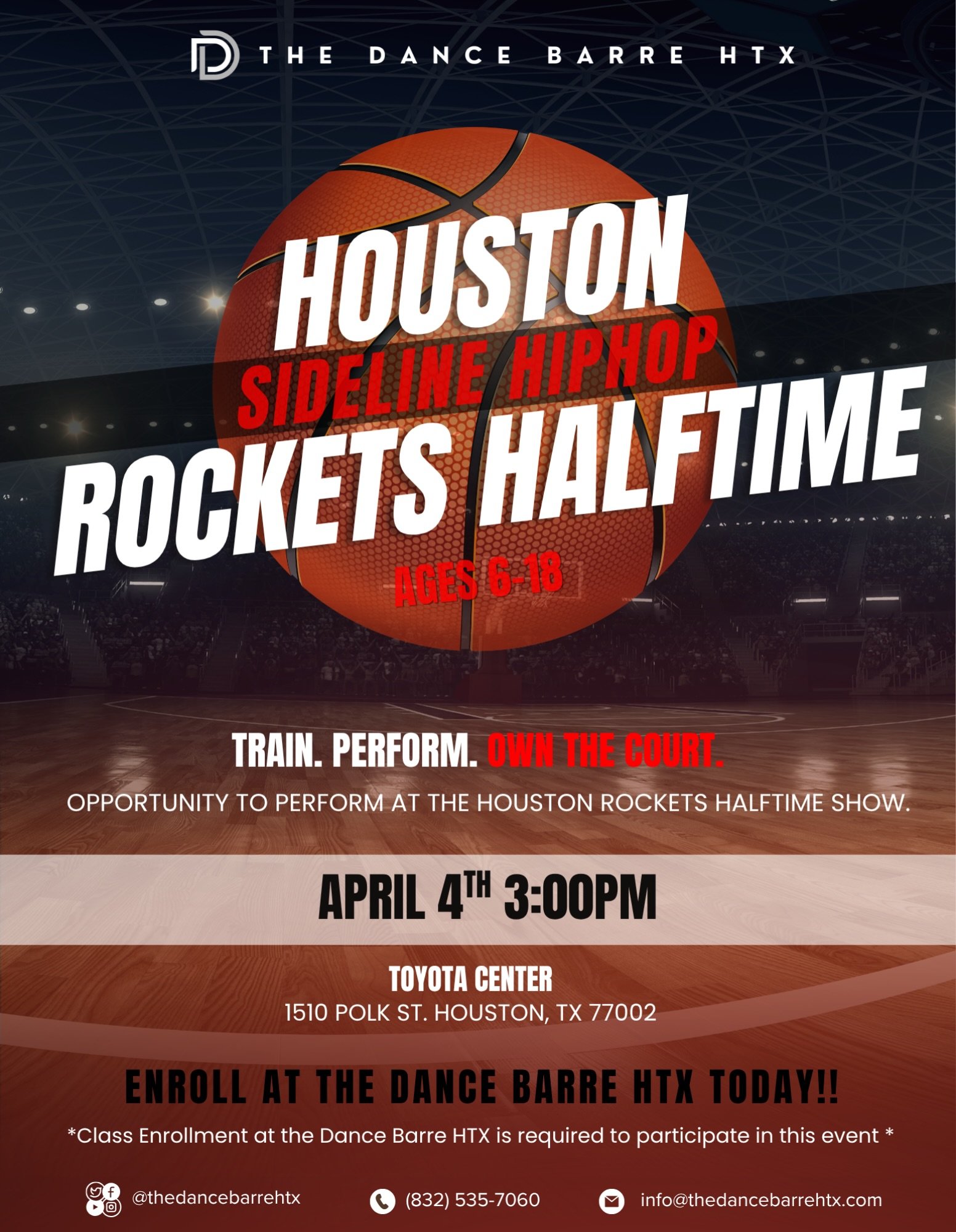 THE DANCE BARRE HTX IS READY TO HIT THE COURT! 🚀🔥🏀

Join us for the Houston Rockets Halftime Show on April 4 ✨ Dancers ages 6&ndash;18 welcome!

‼️ Enrollment in a seasonal class at The Dance Barre HTX is REQUIRED to participate‼️ 

Let&rsquo;s ow