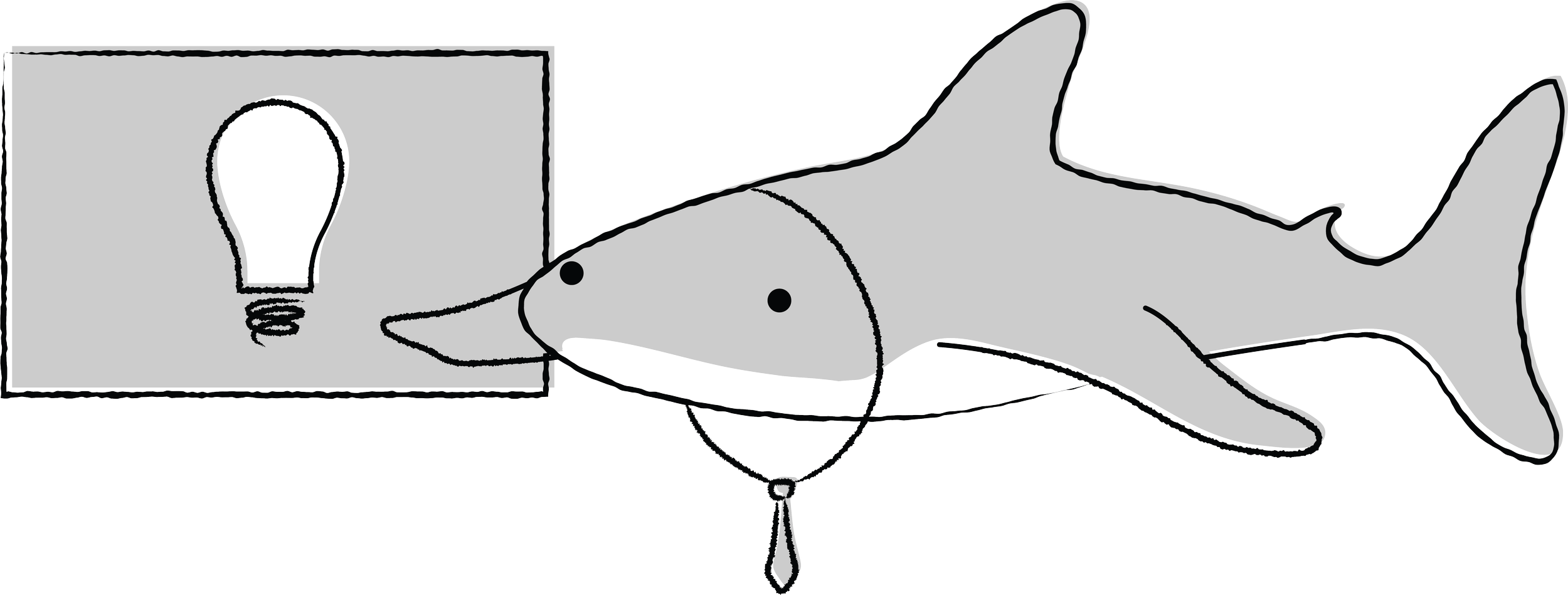 Be A Shark Illustration — Idea Pitching Shark
Cartoonish shark wearing a tie loosely and almost human-like, floating next door a presentation board with a light bulb displayed on it