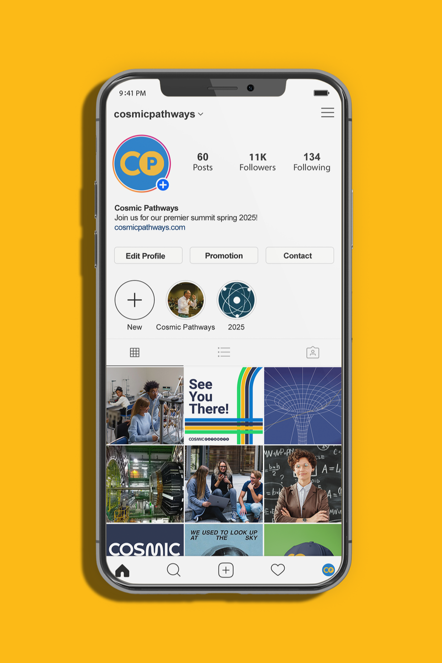 Instagram Mockup with Cosmic Pathways 2025 branding