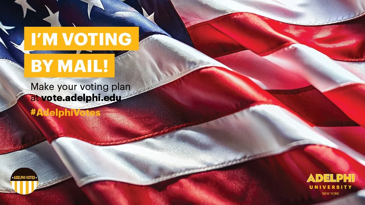Adelphi Election Day Zoom Background with call-out that says "I'm voting by mail!" Background is a cropped in image of the United States flag.