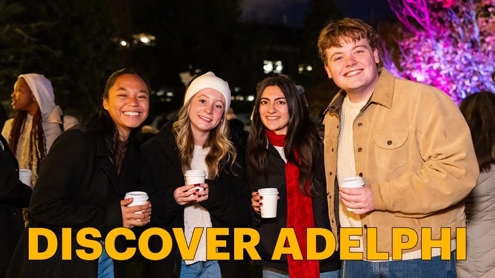 Discover Adelphi Email Header: January, featuring students enjoying hot chocolate at a winter, nighttime event