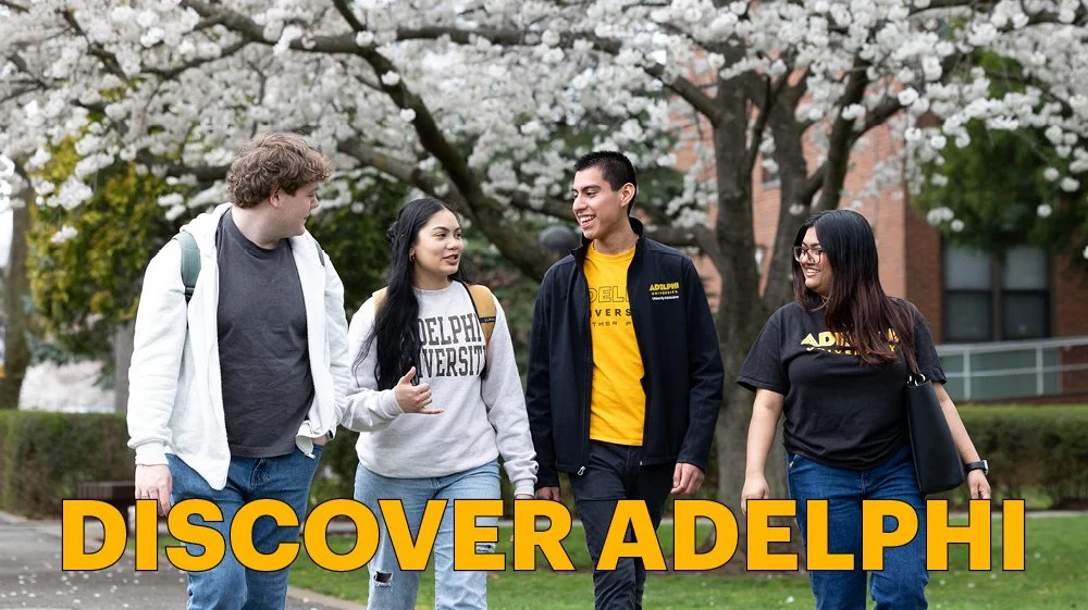 Discover Adelphi Email Header: March, featuring students walking across campus just as trees are beginning to flower