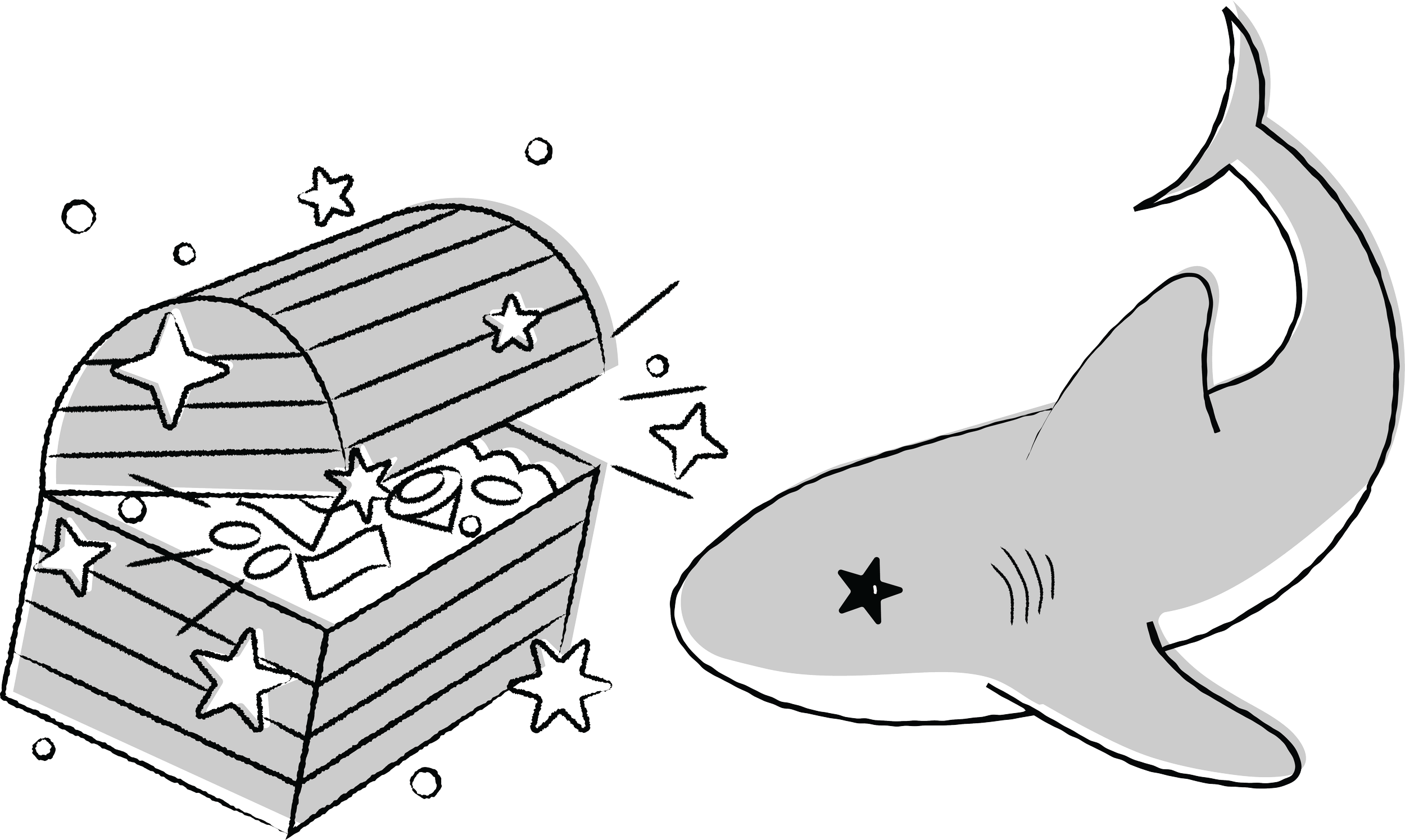 Be A Shark Illustration — Rich Shark
Cartoonish shark with its visible eye shaped like a star, floating before a starry and shiny opened treasure chest filled with coins, money, and other treasures