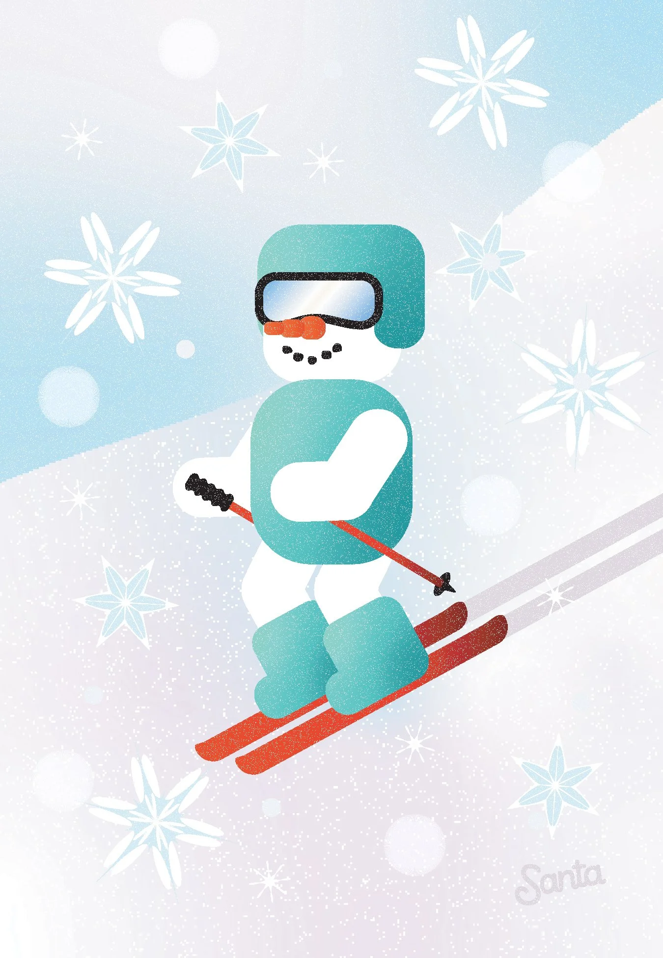 Christmas Illustration — a boxy-style snowman skiing down a snowy hill, wearing a teal jacket, boots, and a helmet with snowflakes dotting the composition