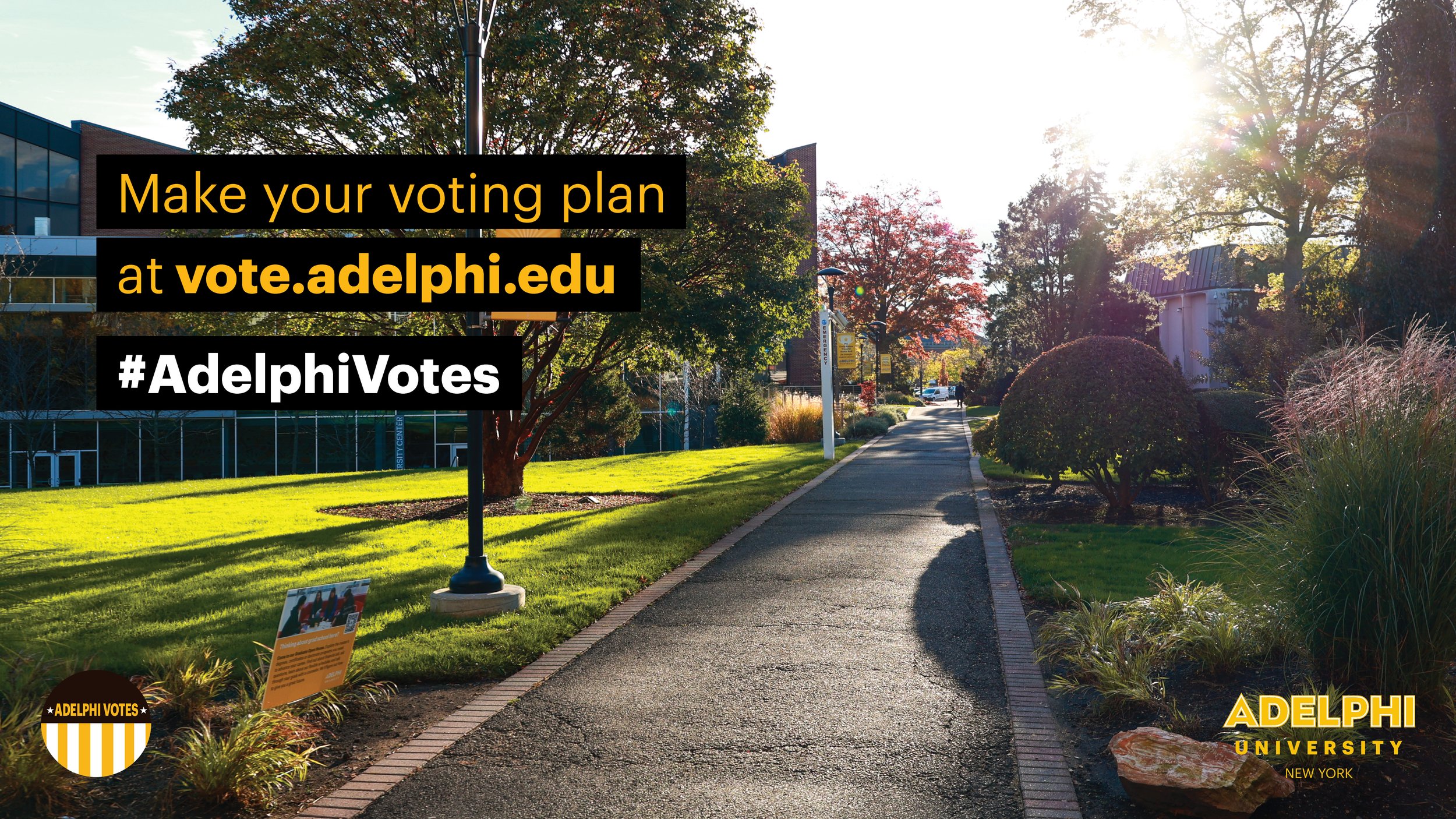 Adelphi Election Day Zoom Background with call-out that says "Make your voting plan at vote.adelphi.edu." Background image features Adelphi University campus during a sunny day.