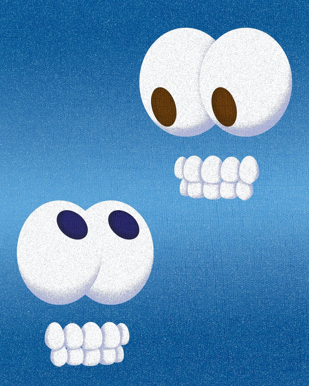 Two sets of eyes and teeth staring at each other across the composition. One with brown eyes is at the top right and the other with blue eyes is at the bottom left. They are set against a blue background.