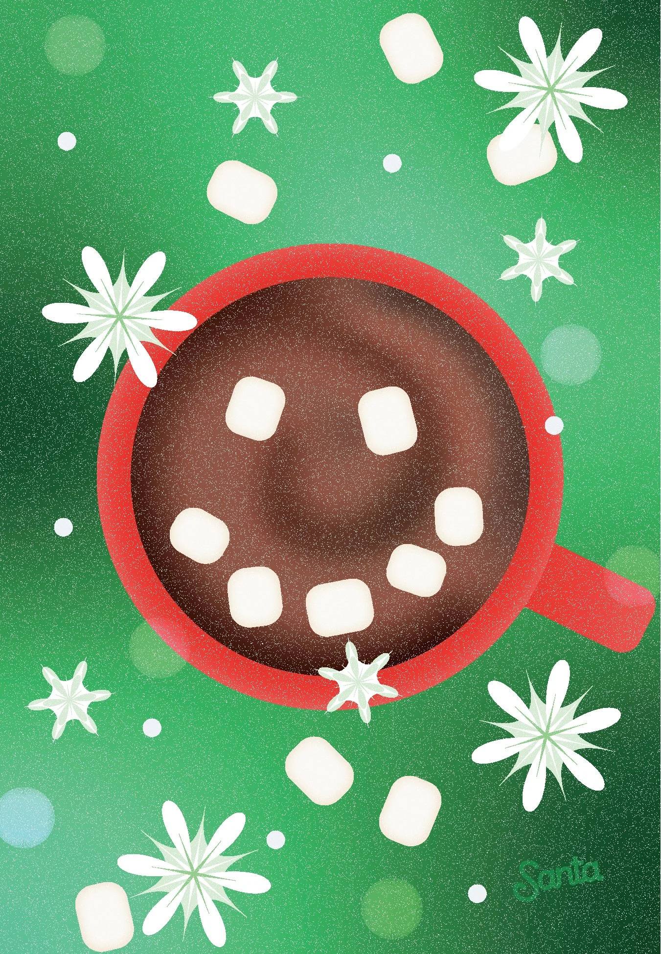 Christmas Illustration — hot cocoa with marshmallows in the shape of a smiley face against a green gradient background with snowflakes and more marshmallows dotting the composition