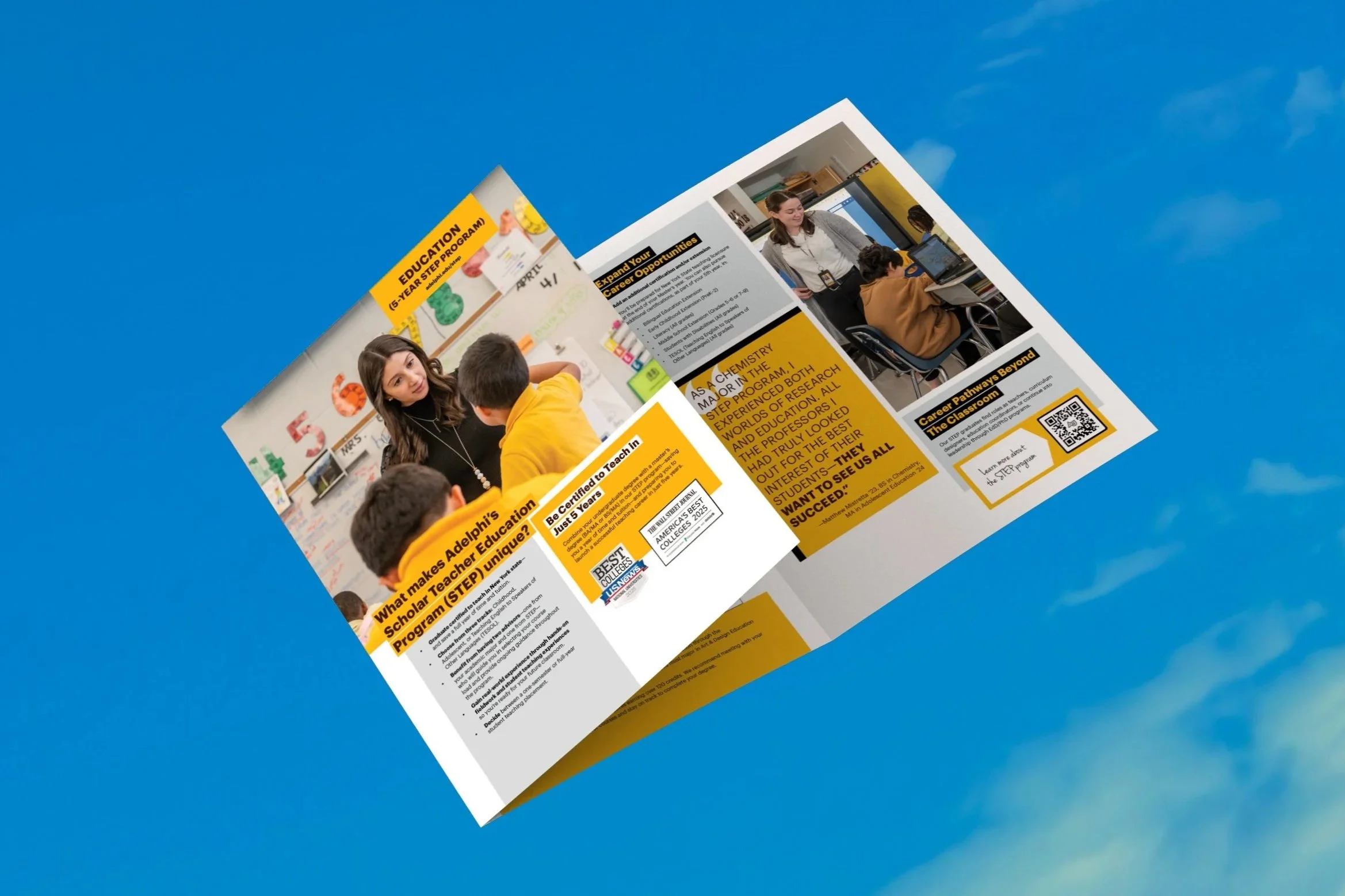 Mock-up of an Adelphi University undergrad trifold for the 5-year STEP program in education. The trifold is partially open and had been thrown into the air in front of a bright blue sky.