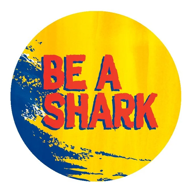 Be A Shark Sticker — featuring the wave and ocean background from the cover and the book title large and in the center
