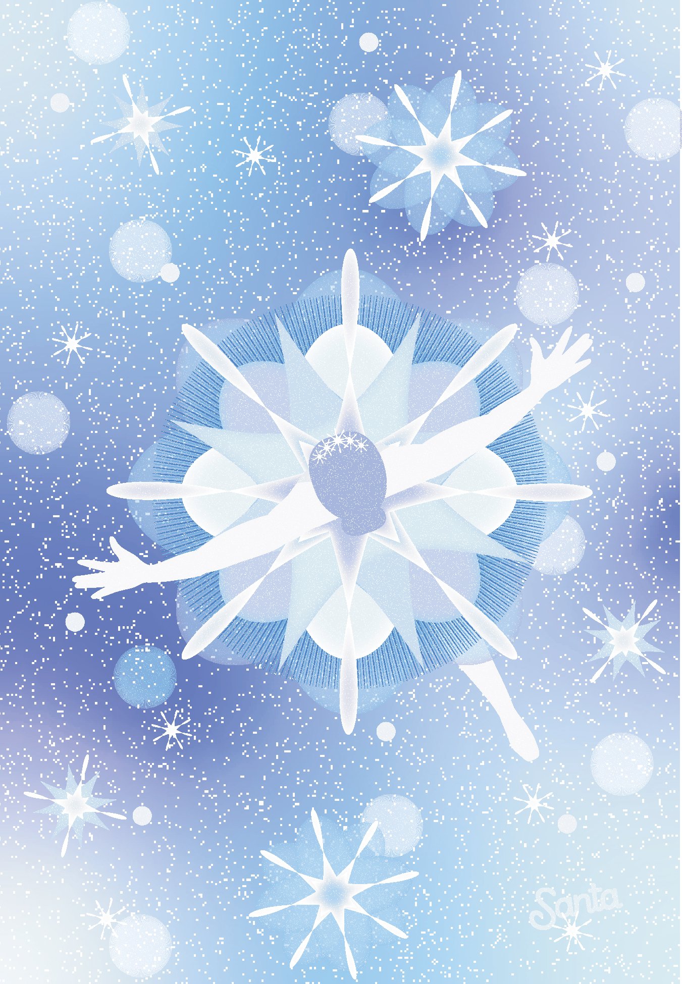 Christmas Illustration — a top-down depiction of a snow fairy ballerina from Tchaikovsky's The Nutcracker against a blue and purple gradient background with snowflakes dotting the composition