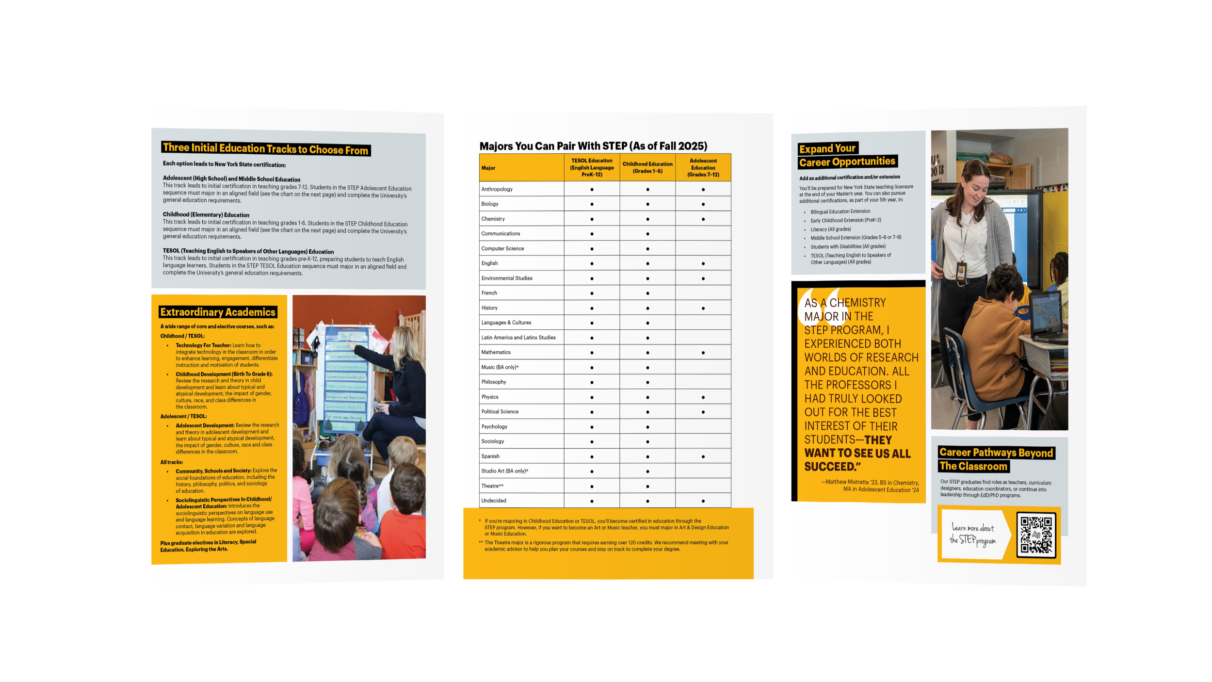 Interior spread of the Adelphi 5-year STEP program in education undergrad trifold