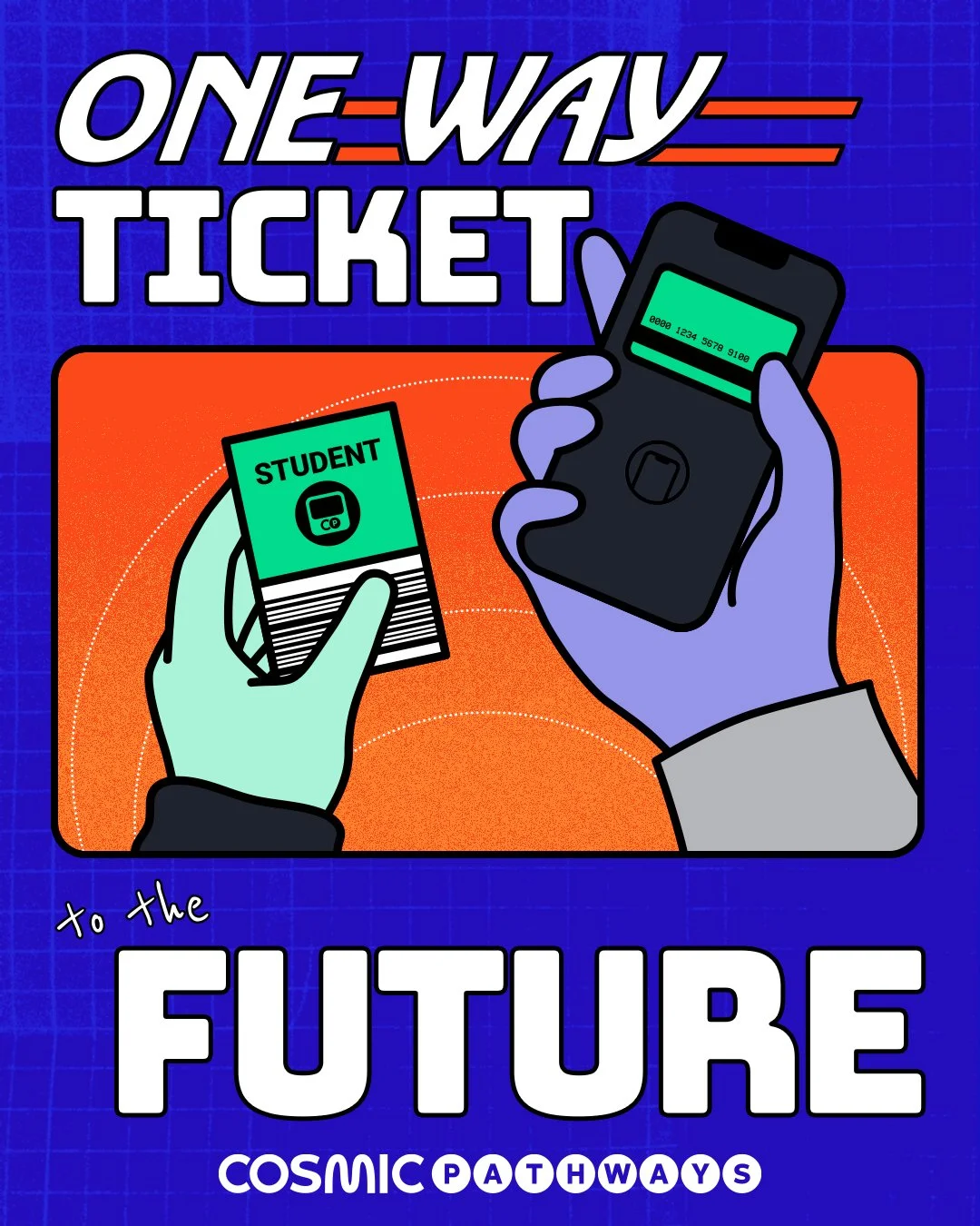 Cosmic Pathways promotional poster with the messaging "One way ticket to the future." It also features two hands, one holding a physical student pass and one holding a phone with their payment feature on the screen.