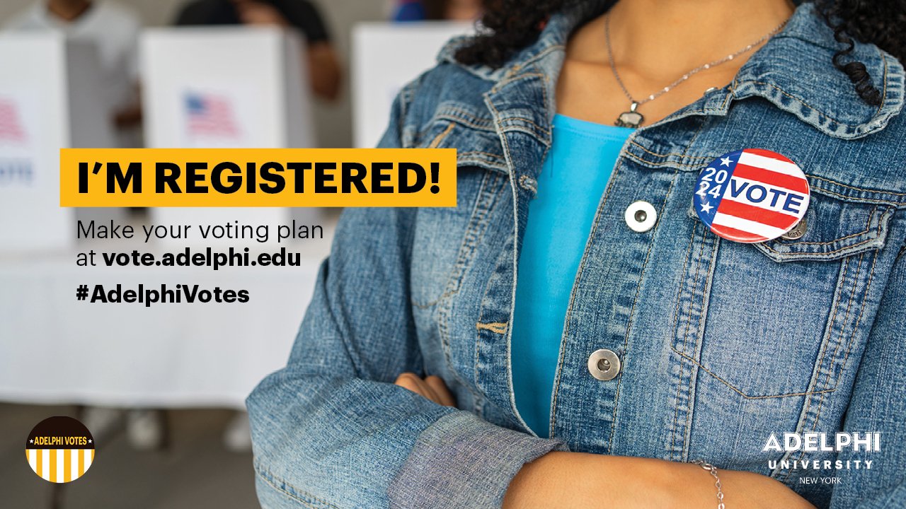 Adelphi Election Day Zoom Background with call-out that says "I'm registered!" Features an image of a person, cropped into their jean jacket, wearing a pin that says "vote."