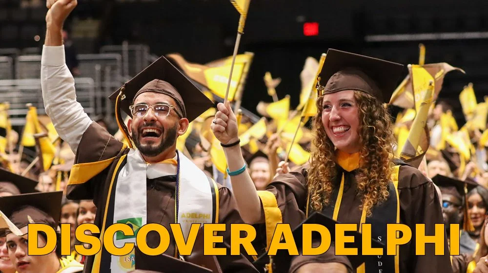 Discover Adelphi Email Header: June, featuring students wearing caps and gowns at their commencement ceremony