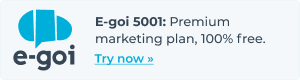 Logotipo da E-goi, com texto de divulgação de plano Premium de marketing gratuito, com link para experimentar.