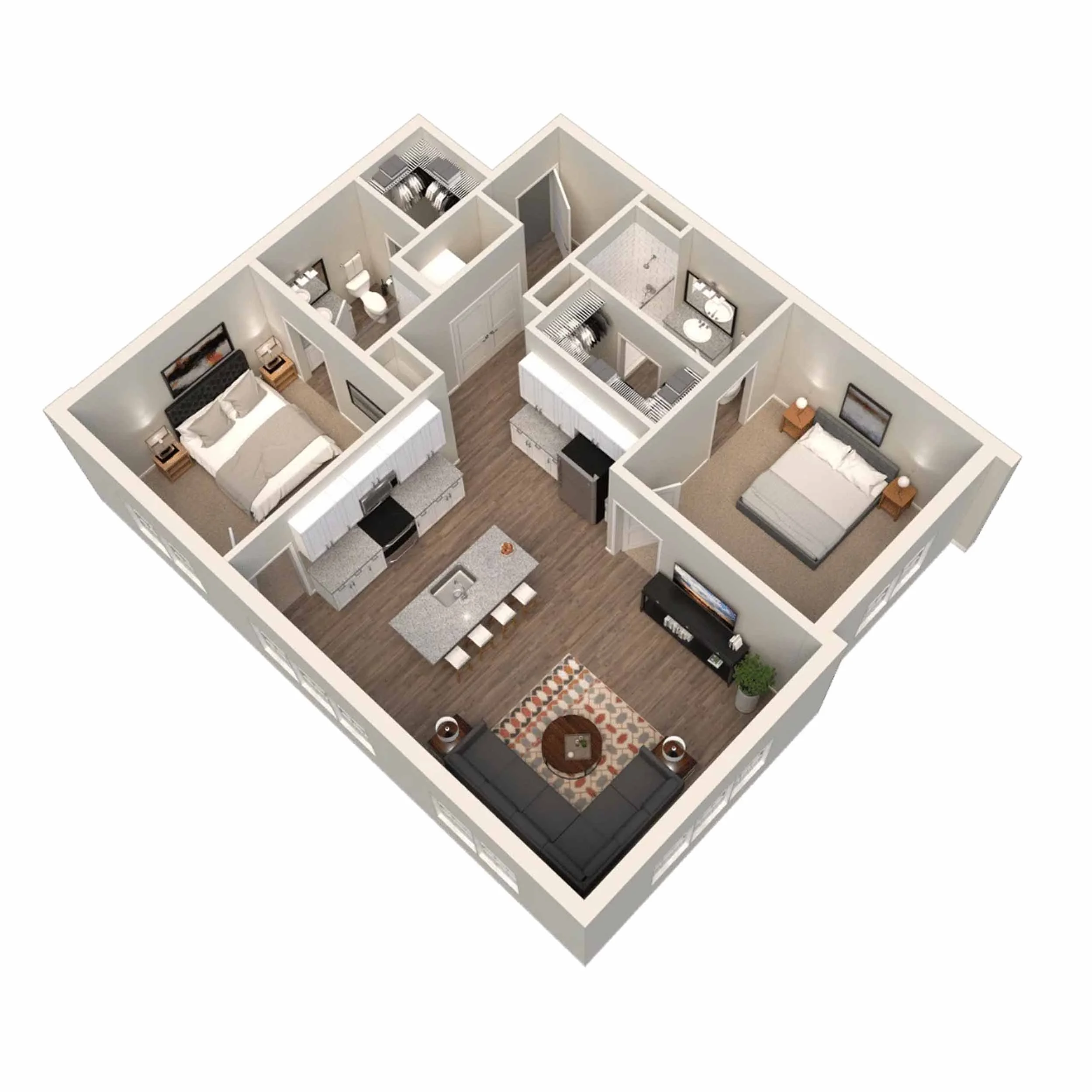 3D floor plan of a bedroom with closet, bathroom, and living area, featuring furniture and decor.