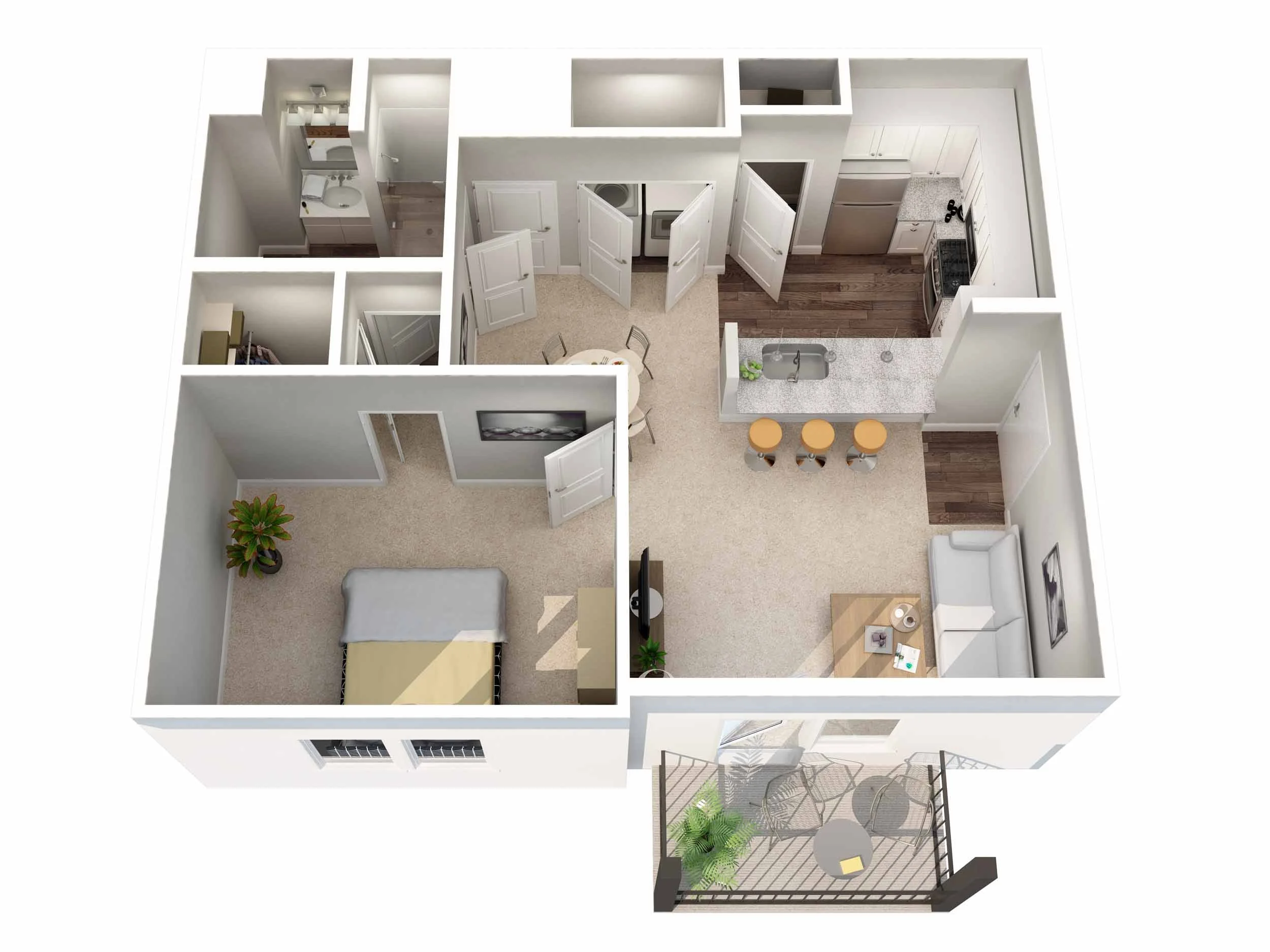 Top-down view of a small apartment: a bedroom with a bed, a walk-in closet, a bathroom with double sinks, a laundry area, a kitchen with a breakfast bar, and a small balcony.