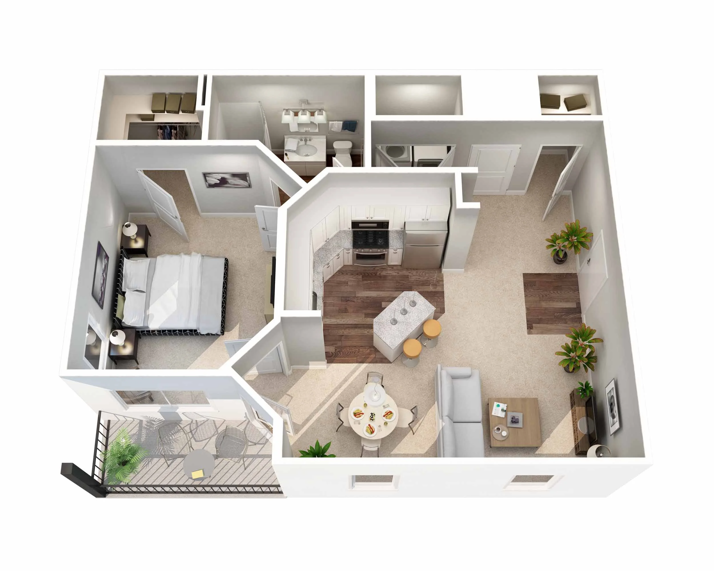 Floor plan of a modern apartment with a balcony, bedroom, bathroom, kitchen, living area, and dining space.