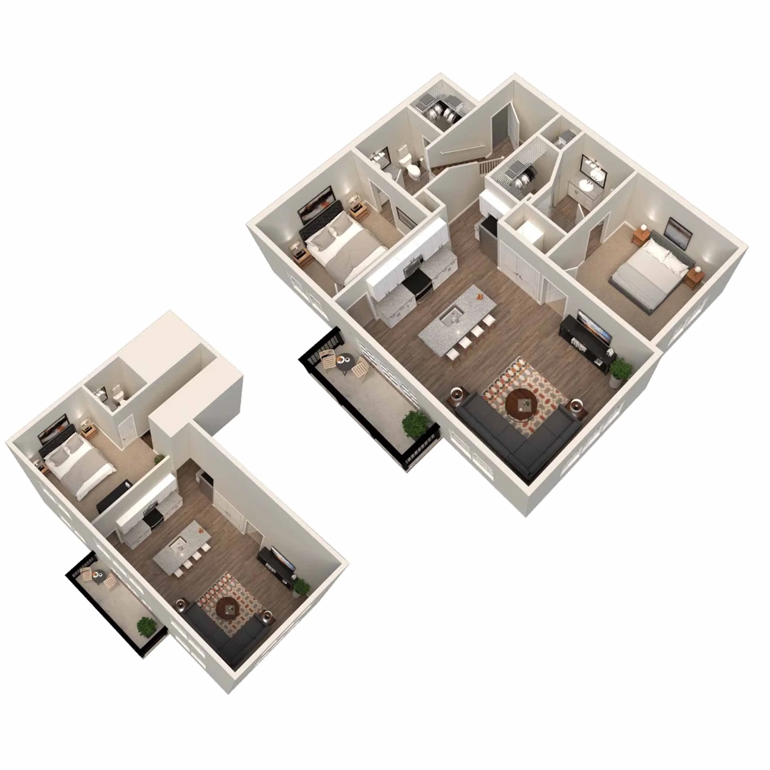 3D floor plan of a modern apartment with two bedrooms, two bathrooms, a kitchen, a living room, and a dining area, with furniture and interior decor