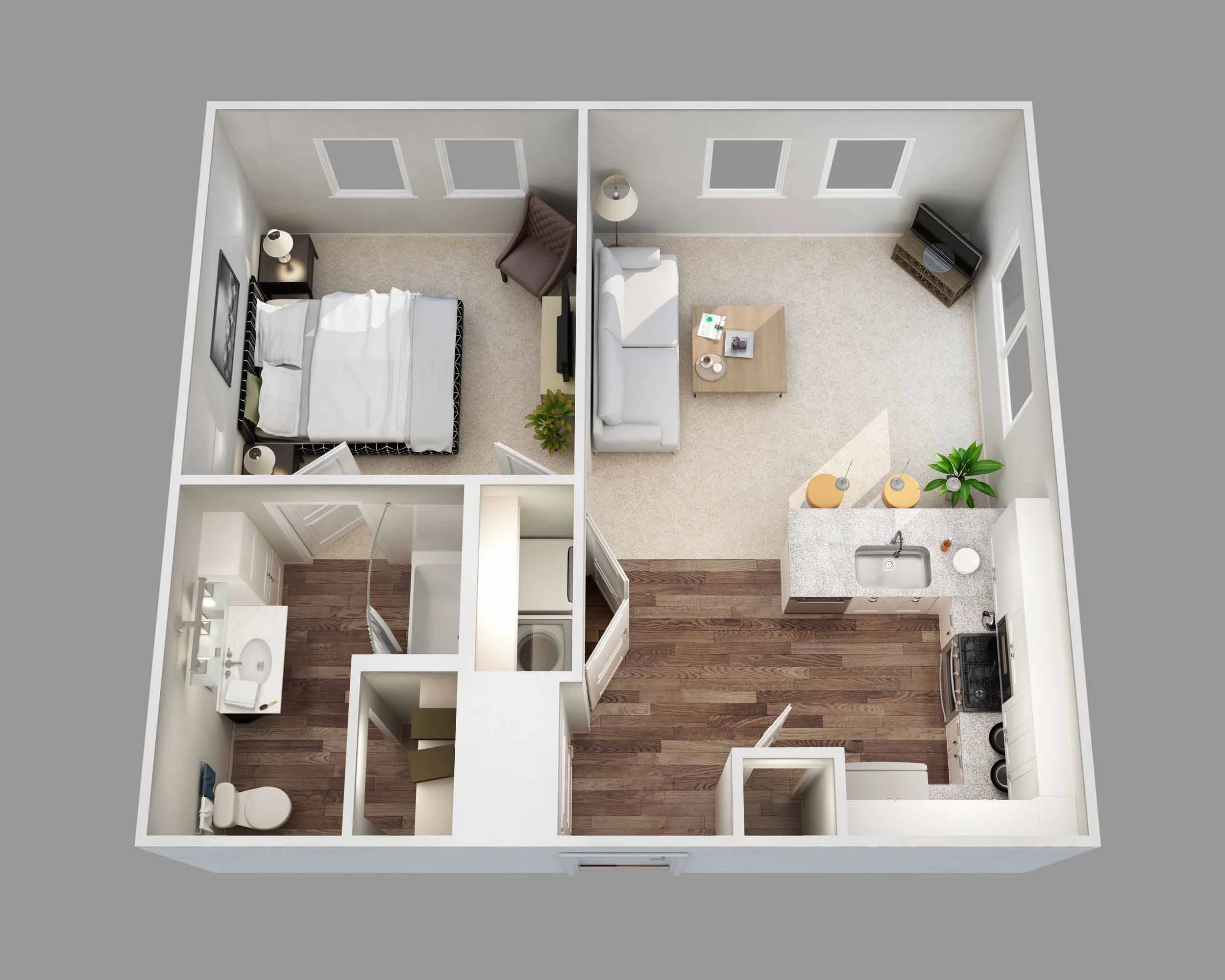 Top-down view of a small apartment with bedroom, living room, kitchen, bathroom, and hallway, featuring modern furniture and fixtures.