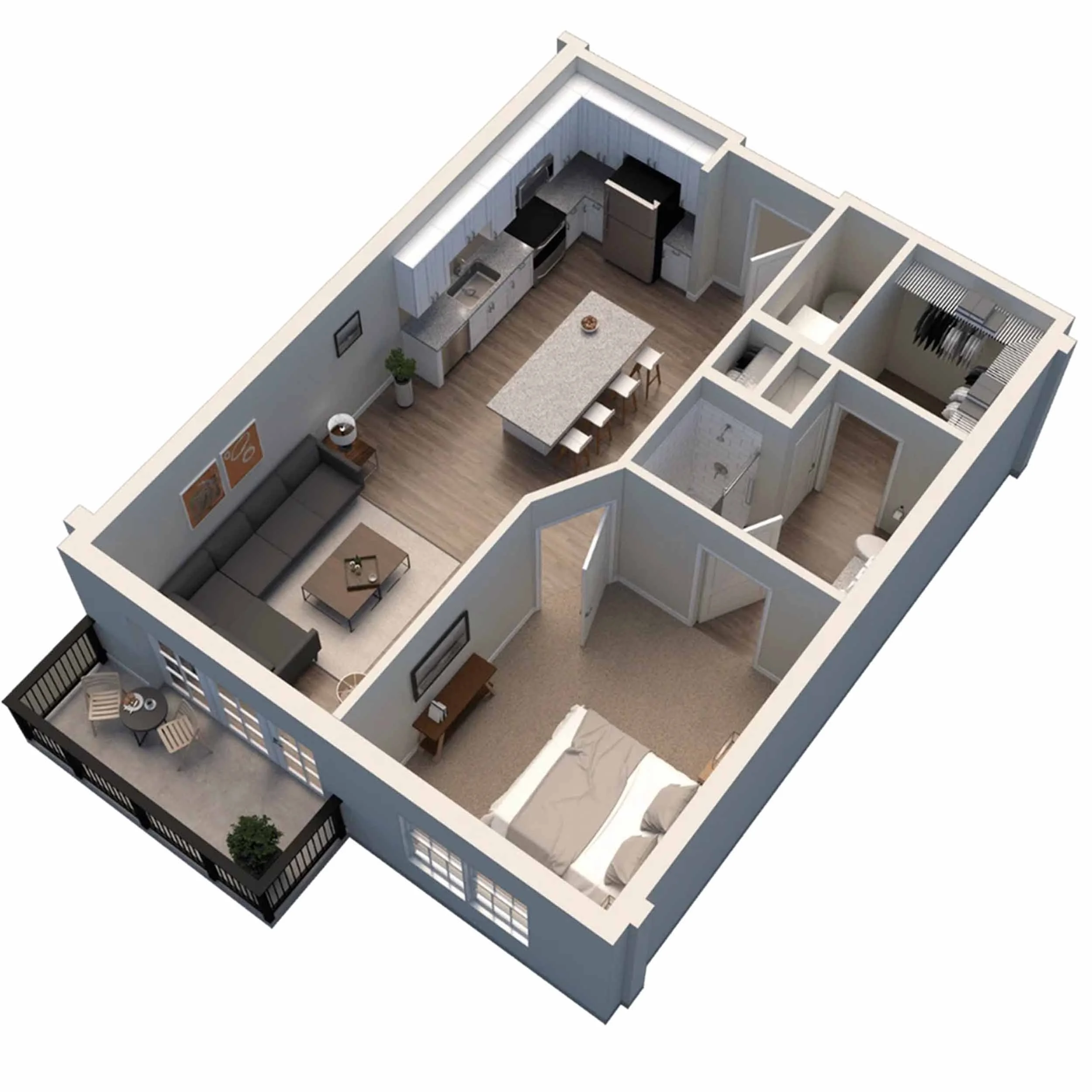 3D floor plan of a small apartment with a living room, kitchen, bedroom, bathroom, and balcony.