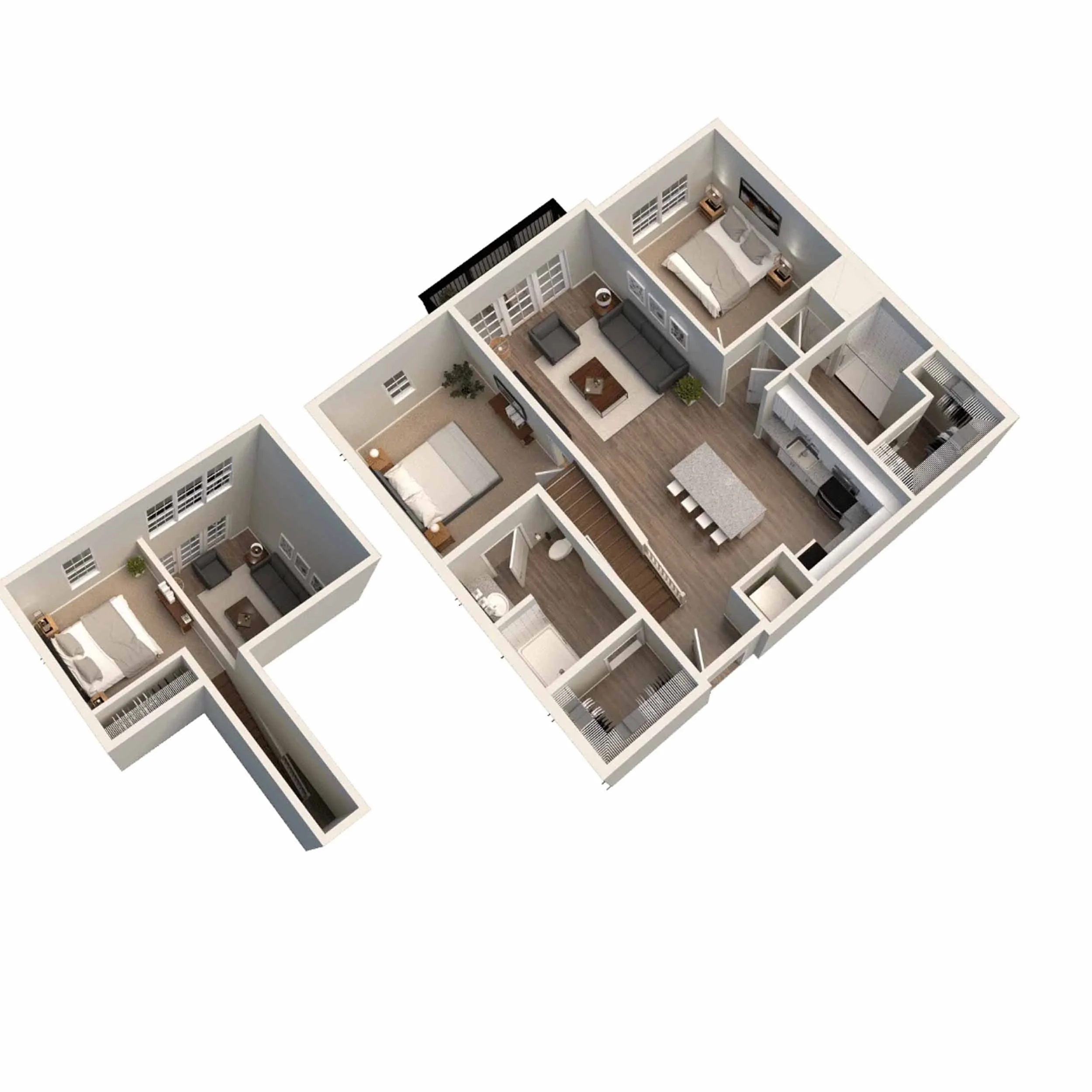 A 3D model of a modern apartment layout with a bedroom, living room, kitchen, and bathroom.