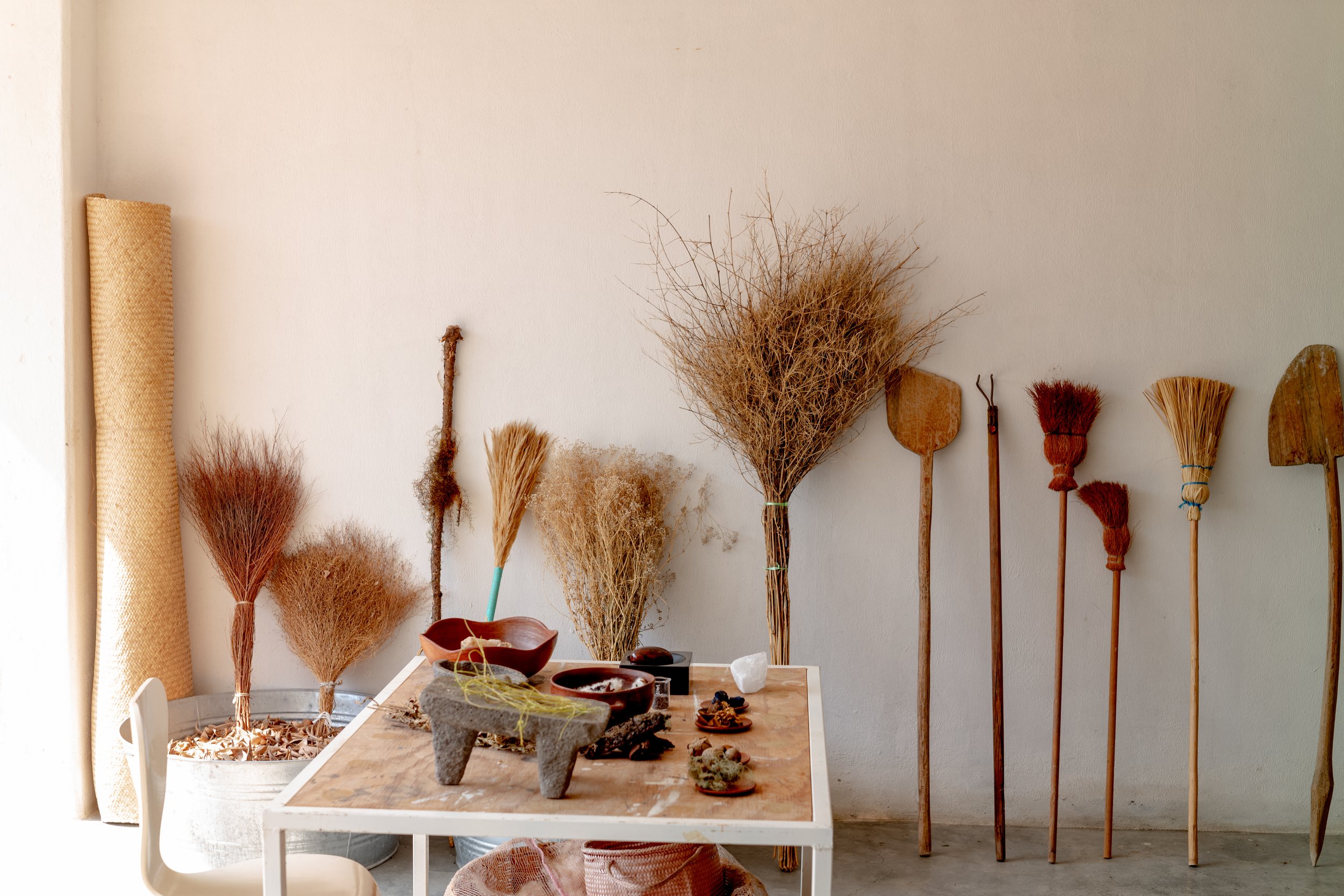 broom collection at christina hattlers textile art studio in oaxaca mexico