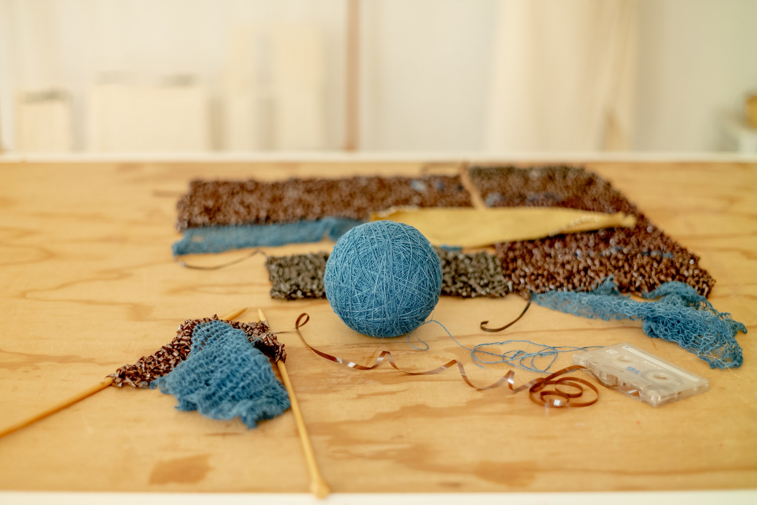 Oaxac based textile artist Christina Hattler, knit indigo cotton and cassette tape Kinetic