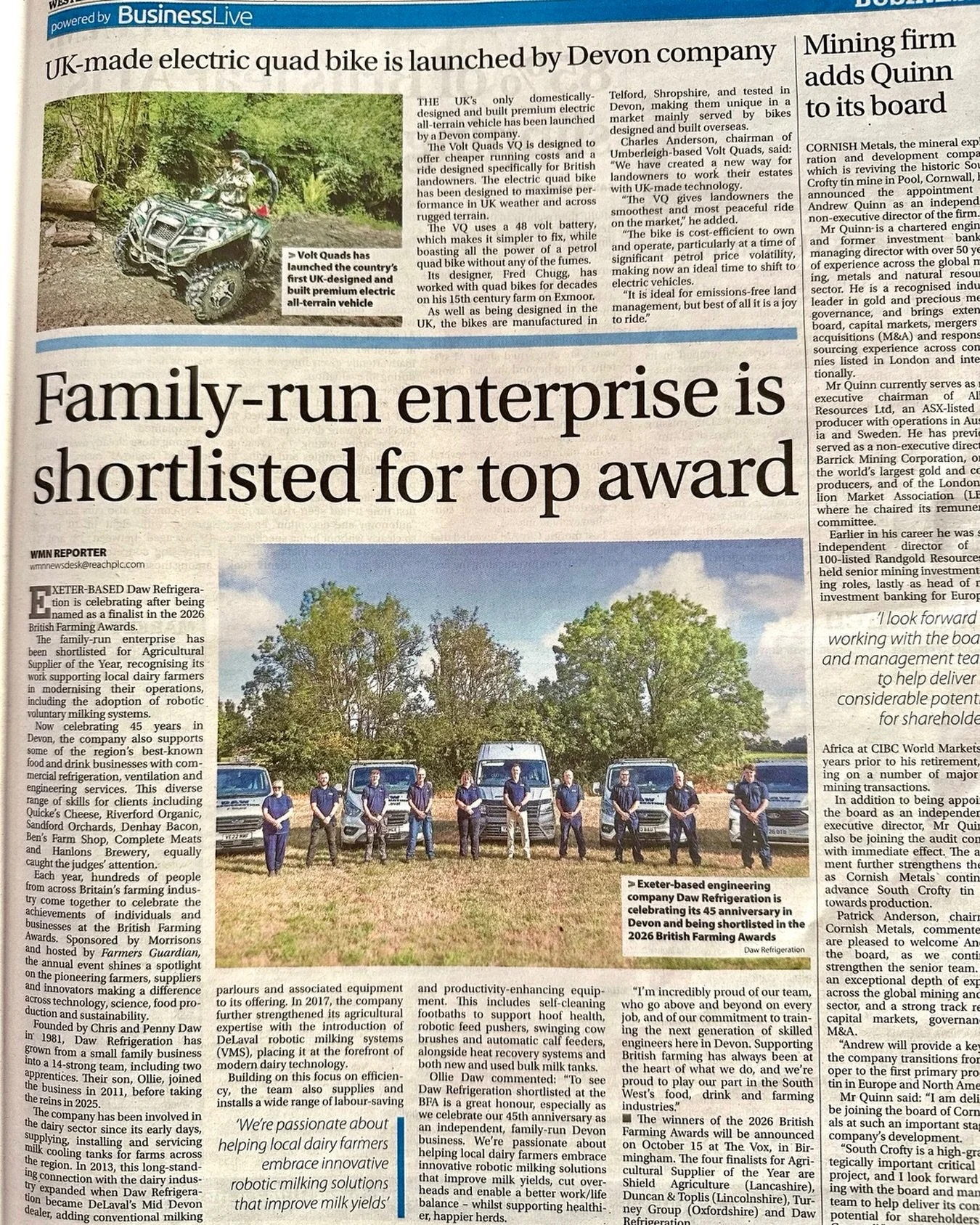 Great mention in the Western Morning News today. Proud to be flying the flag for Devon @britishfarmingawards #dawrefrigeration