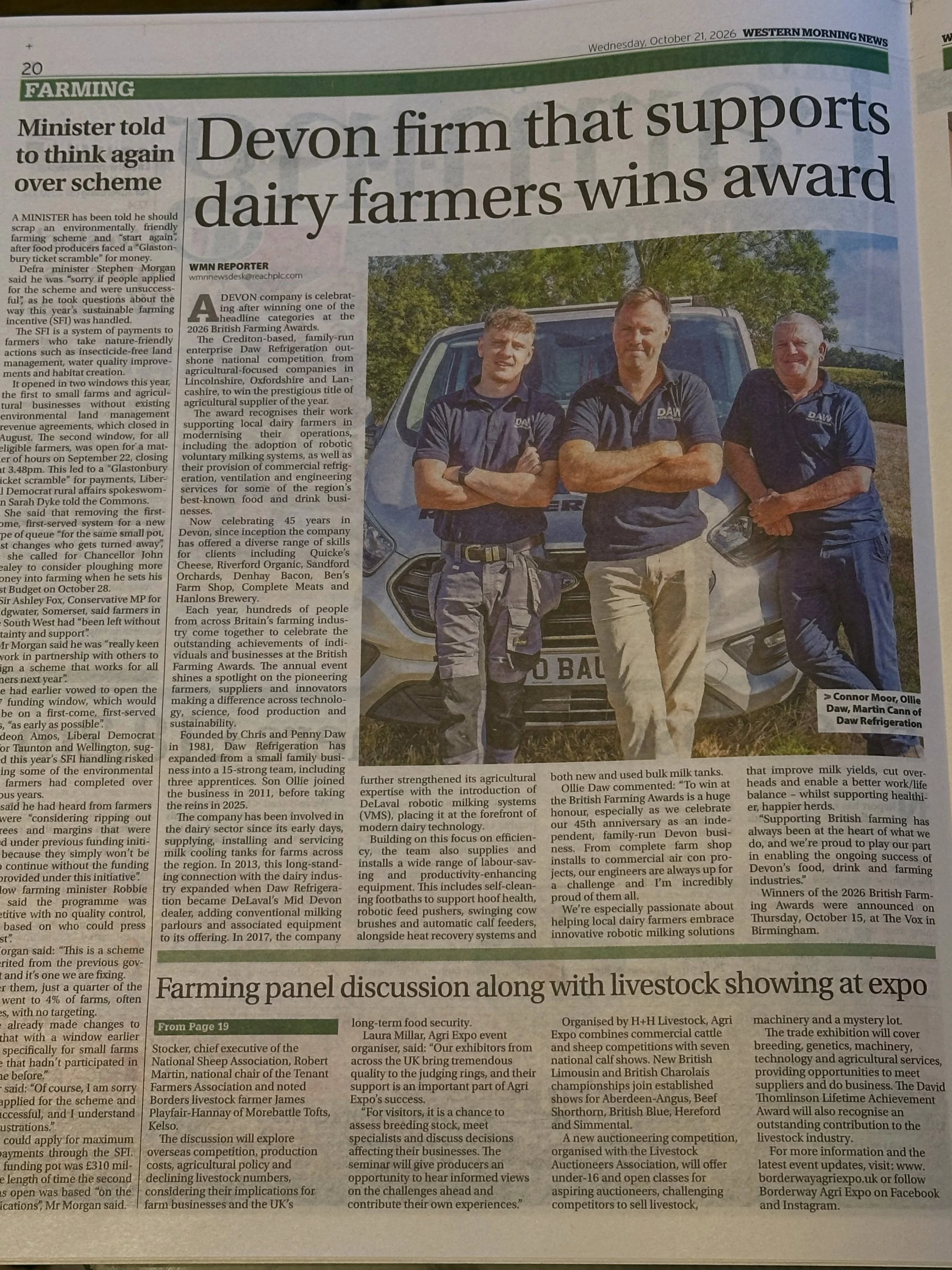 Great mention in the WMN today. Proud to have been supporting Devon&rsquo;s farmers for the last 45 years. Plenty more to come! #dawref #dairyengineers #outstandinginourfield