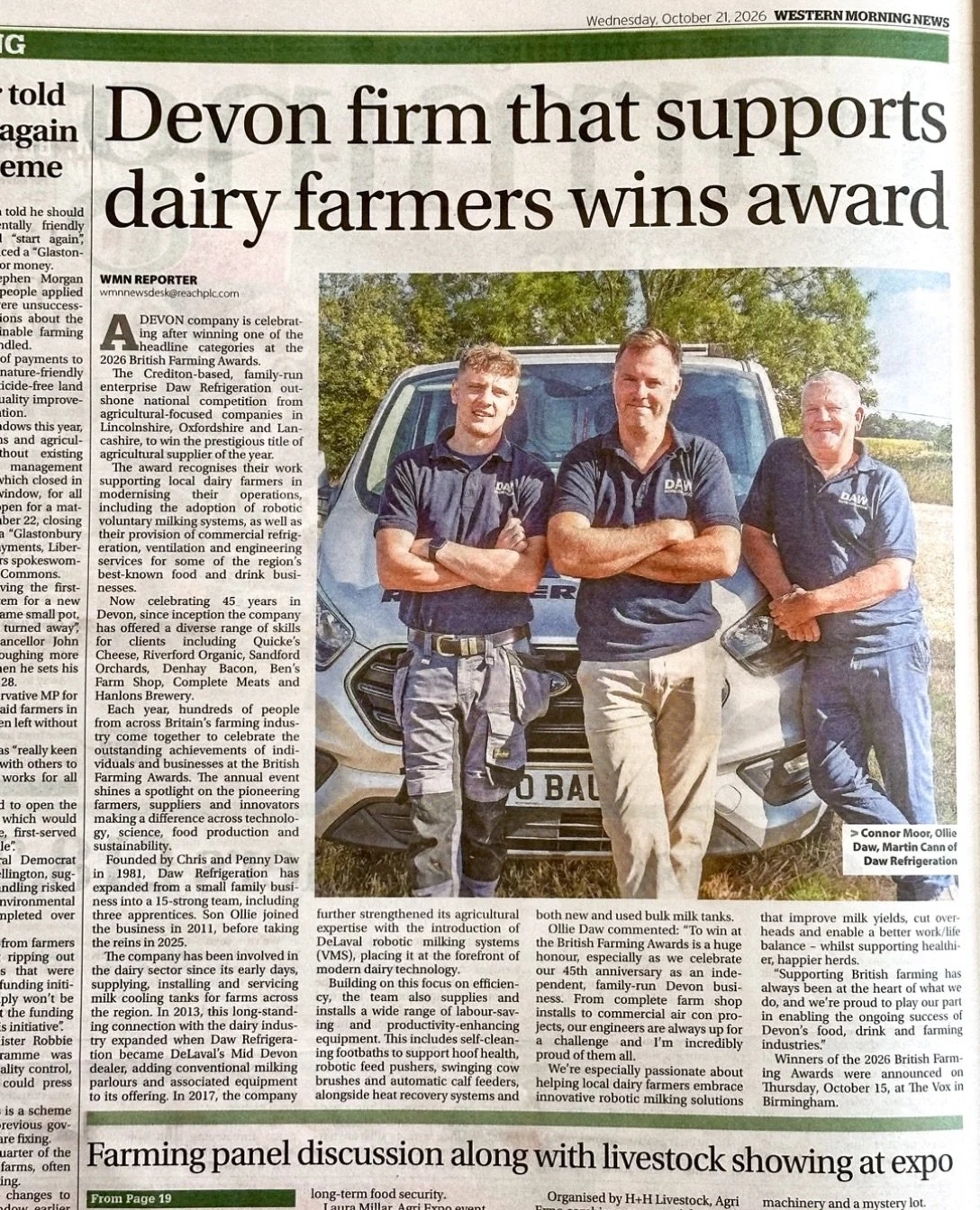 Great mention in the WMN yesterday. Proud to have been supporting Devon&rsquo;s farmers for the last 45 years. Plenty more to come! #dawref #dairyengineers #outstandinginourfield