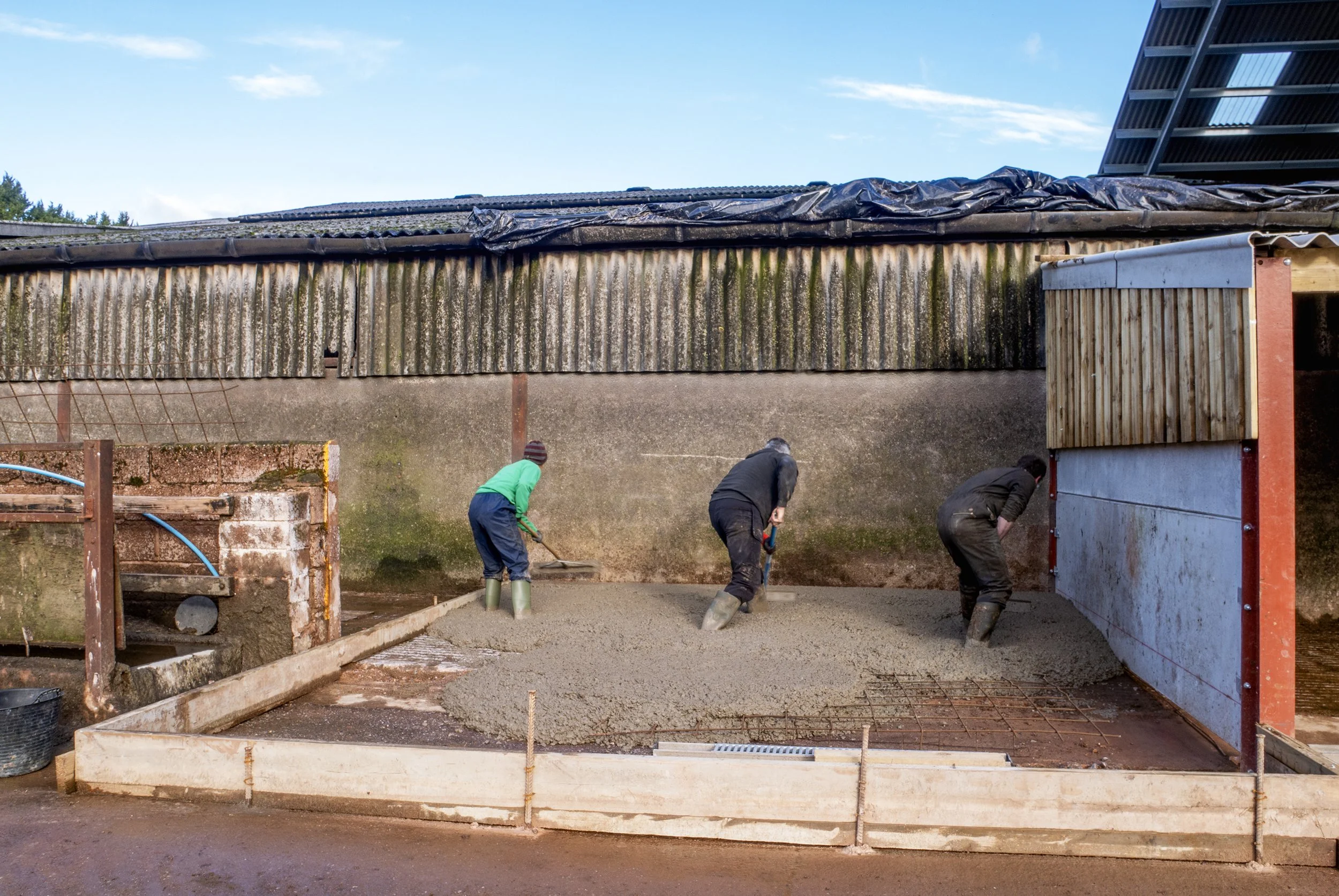 Pouring and laying the concrete foundations for a new robotic milking installation on a dairy farm in Somerset.