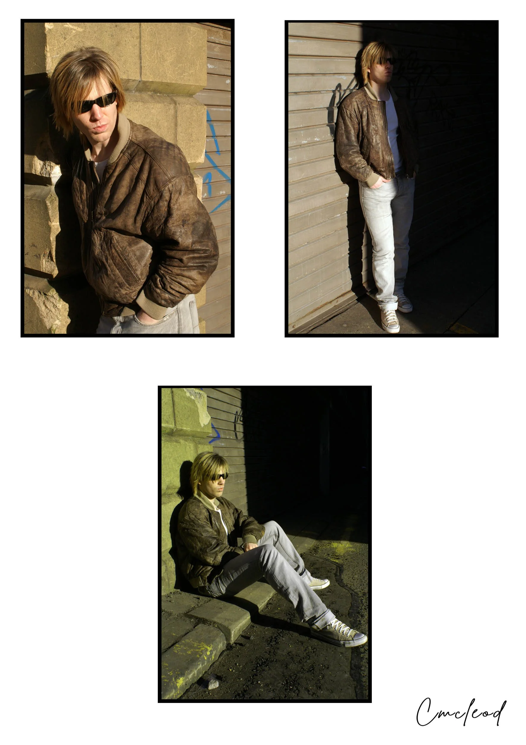 Three photos of a young man with blonde hair, wearing sunglasses, a brown leather jacket, light-colored jeans, and sneakers, in urban settings with brick walls and shadows.