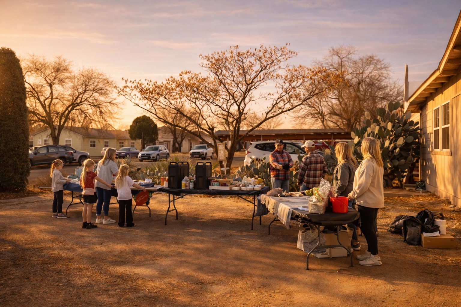 People gathered outdoors at a sunset market with tables of food and supplies, surrounded by trees and cacti, in a residential area.