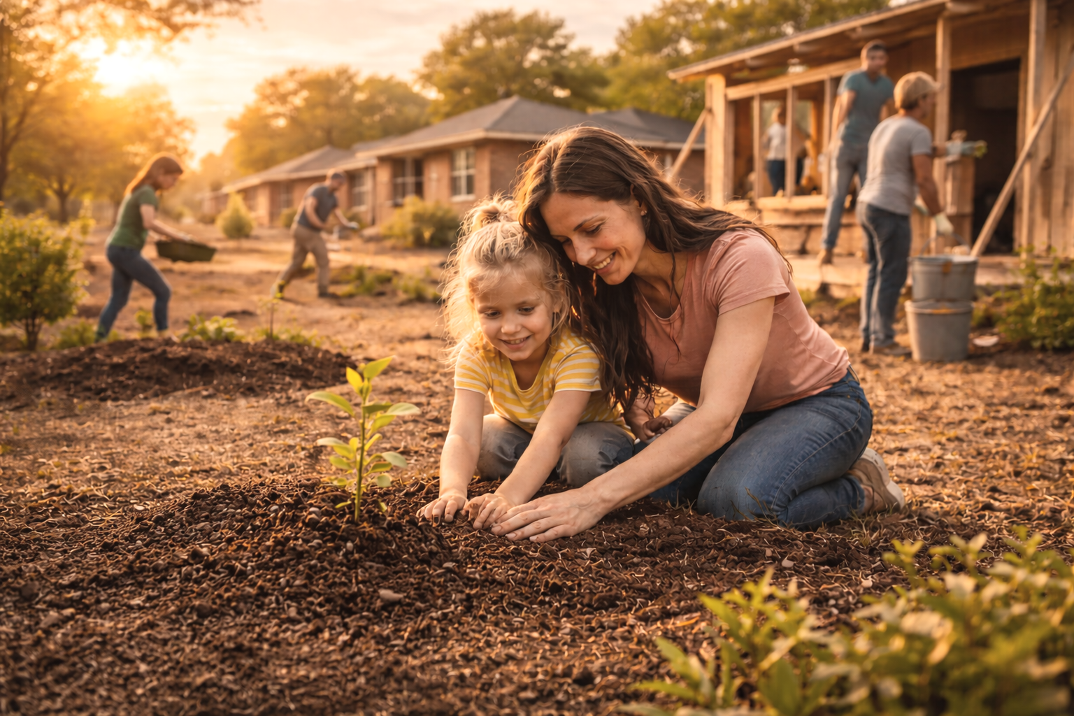 A woman and a young girl planting a small tree in the soil during a community gardening project, with several other volunteers working in the background at sunset.