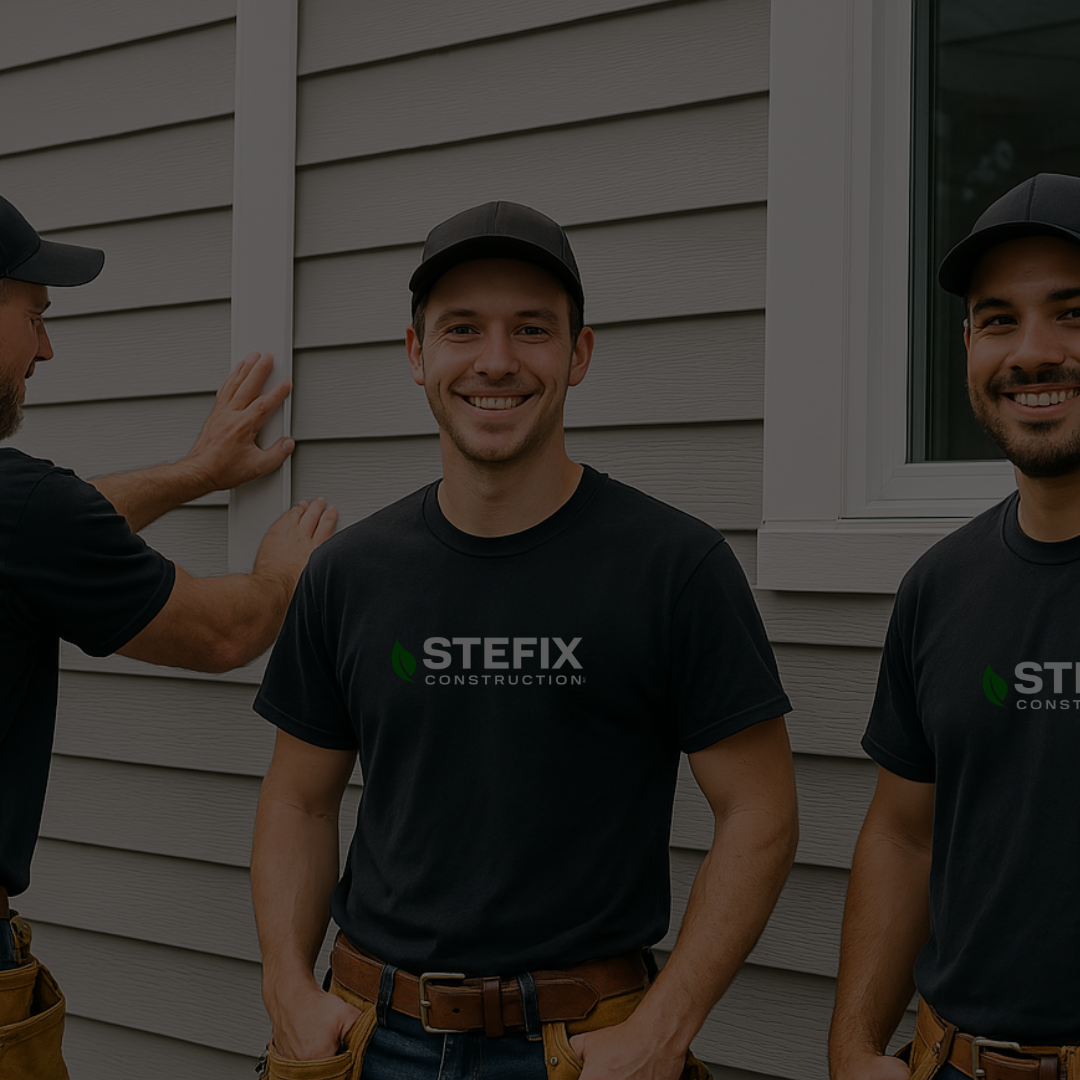 Trois hommes portant des casquettes et des t-shirts avec le logo "STEFIX Construction" travaillent sur le revêtement extérieur d'une maison | Stefix Construction Inc.