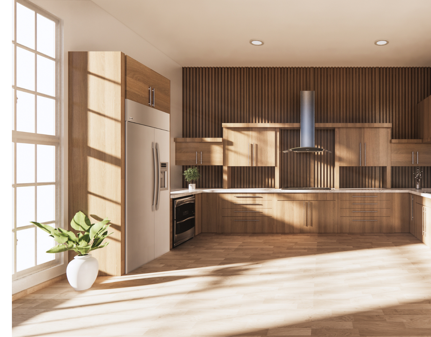 Cuisine moderne avec des armoires en bois, un sol en parquet, un réfrigérateur en inox, une hotte aspirante et une plante en pot près de la fenêtre| Projet résidentiel | Stefix Construction Inc.