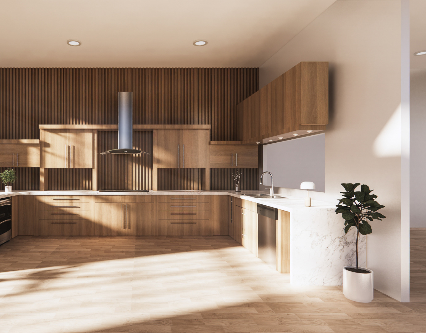 Cuisine moderne avec des armoires en bois, un îlot en marbre, un évier en acier inoxydable, une hotte centrale, un éclairage intégré et une plante en pot | Projet résidentiel | Stefix Construction Inc.