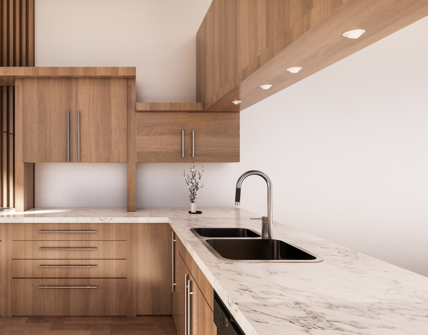 Cuisine moderne avec armoires en bois et comptoir en marbre blanc, évier double avec robinet en acier inoxydable, et une petite plante décorative | Projet résidentiel | Stefix Construction Inc.