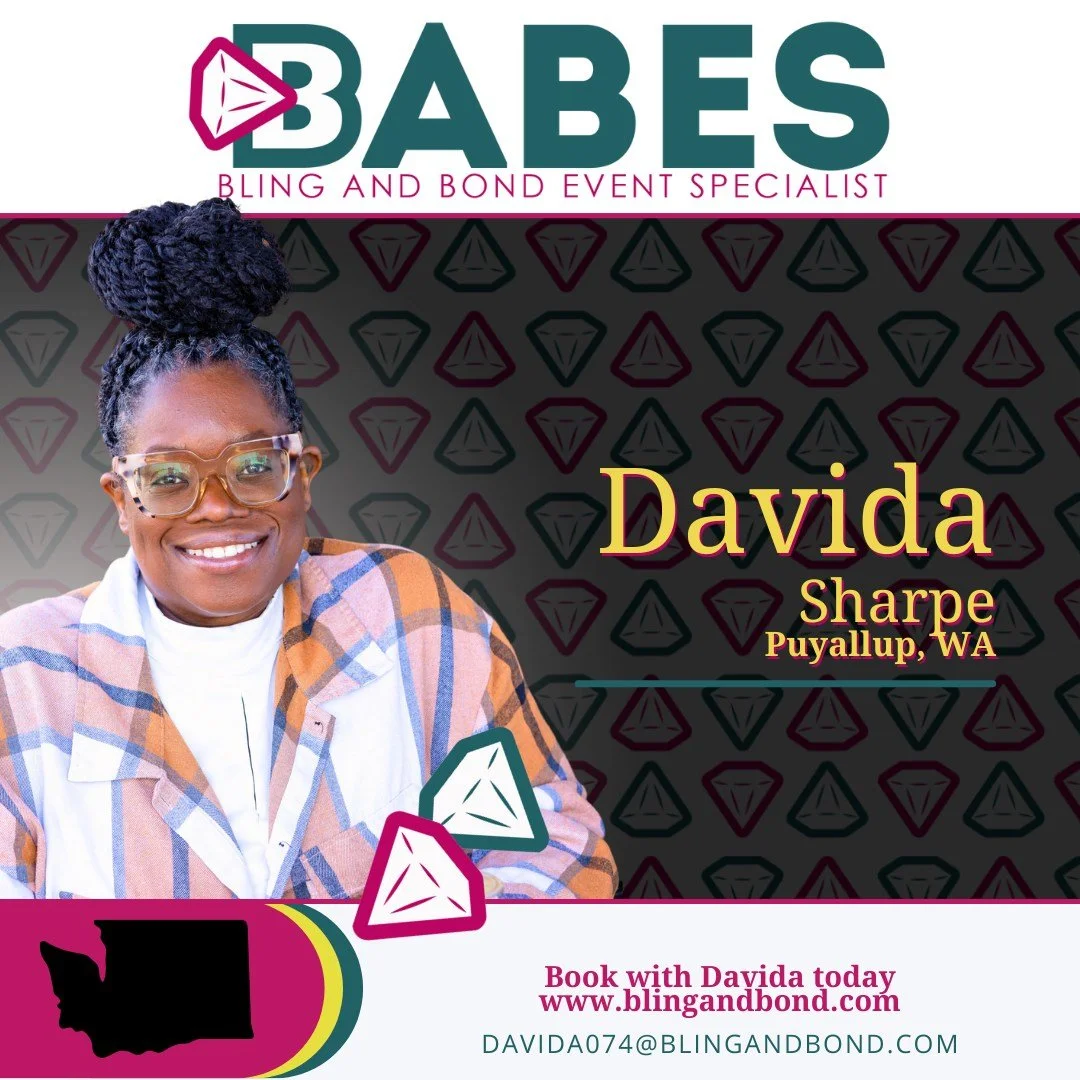 Business card for Davida Sharpe, a bling and bond event specialist from Puyallup, Washington. Features her photo, name, location, logo, website, and email contact.
