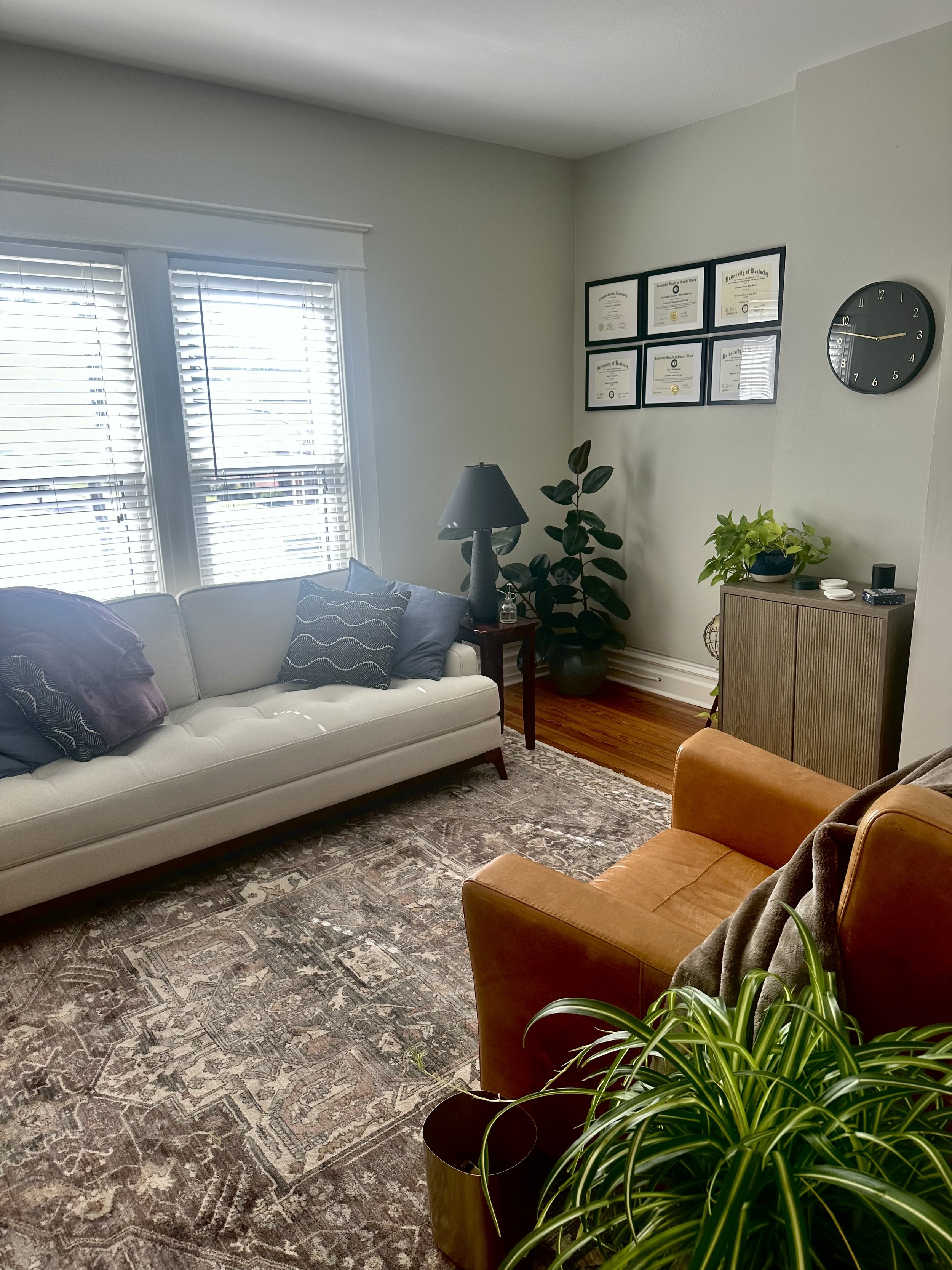 A cozy room with a white sofa, purple and patterned pillows, a black lamp on a side table, large windows with blinds, framed diplomas on the wall, a round black wall clock, a wooden cabinet with plants and decor, and a patterned rug on hardwood floor.