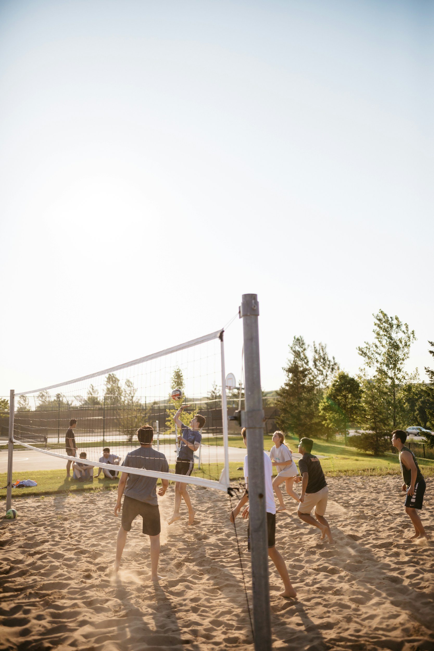 People playing beach volleyball on a sunny day with trees in the background.