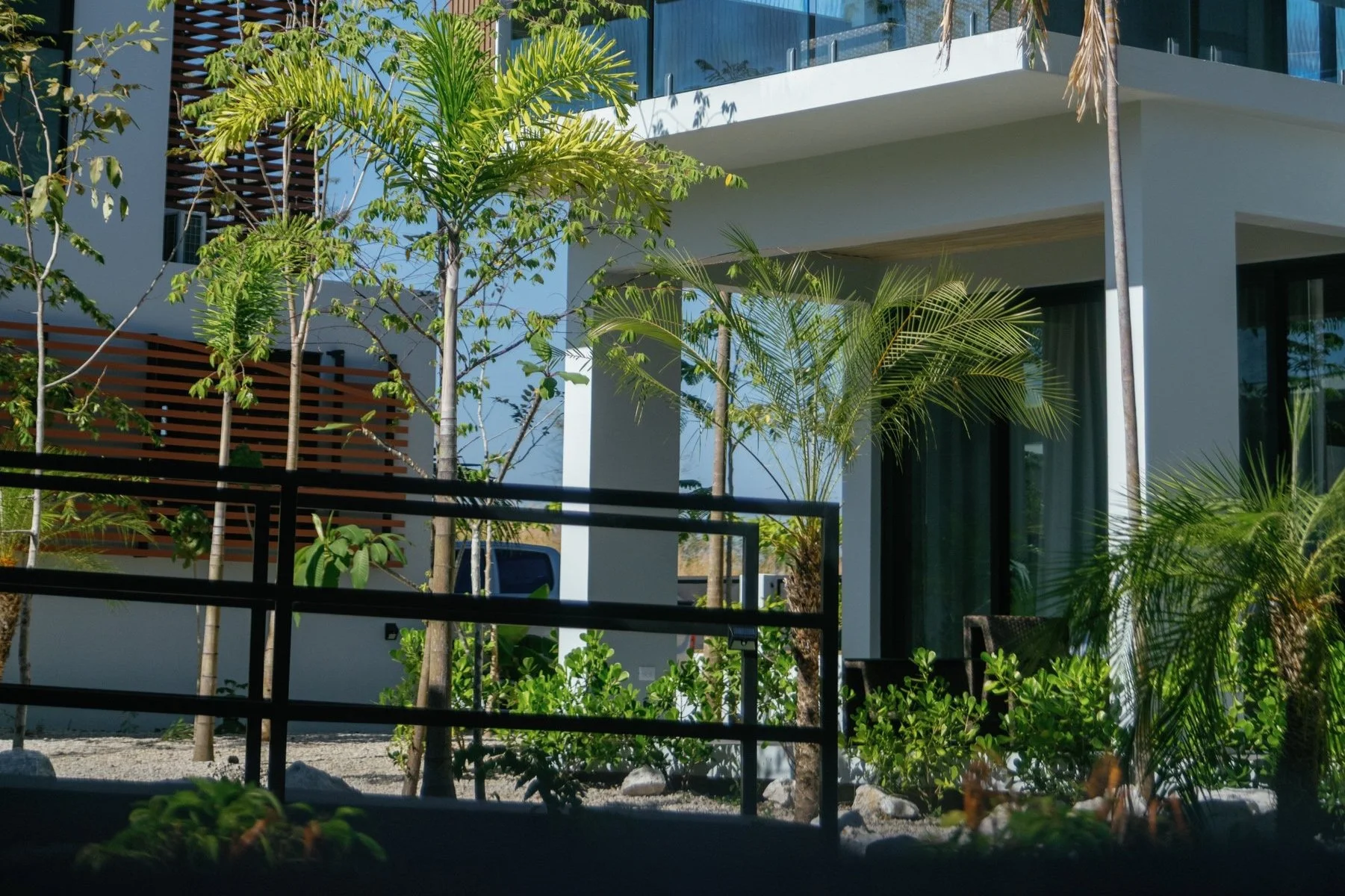 A modern building with balcony and large glass windows surrounded by lush green plants and trees, with a small gravel area in the foreground.