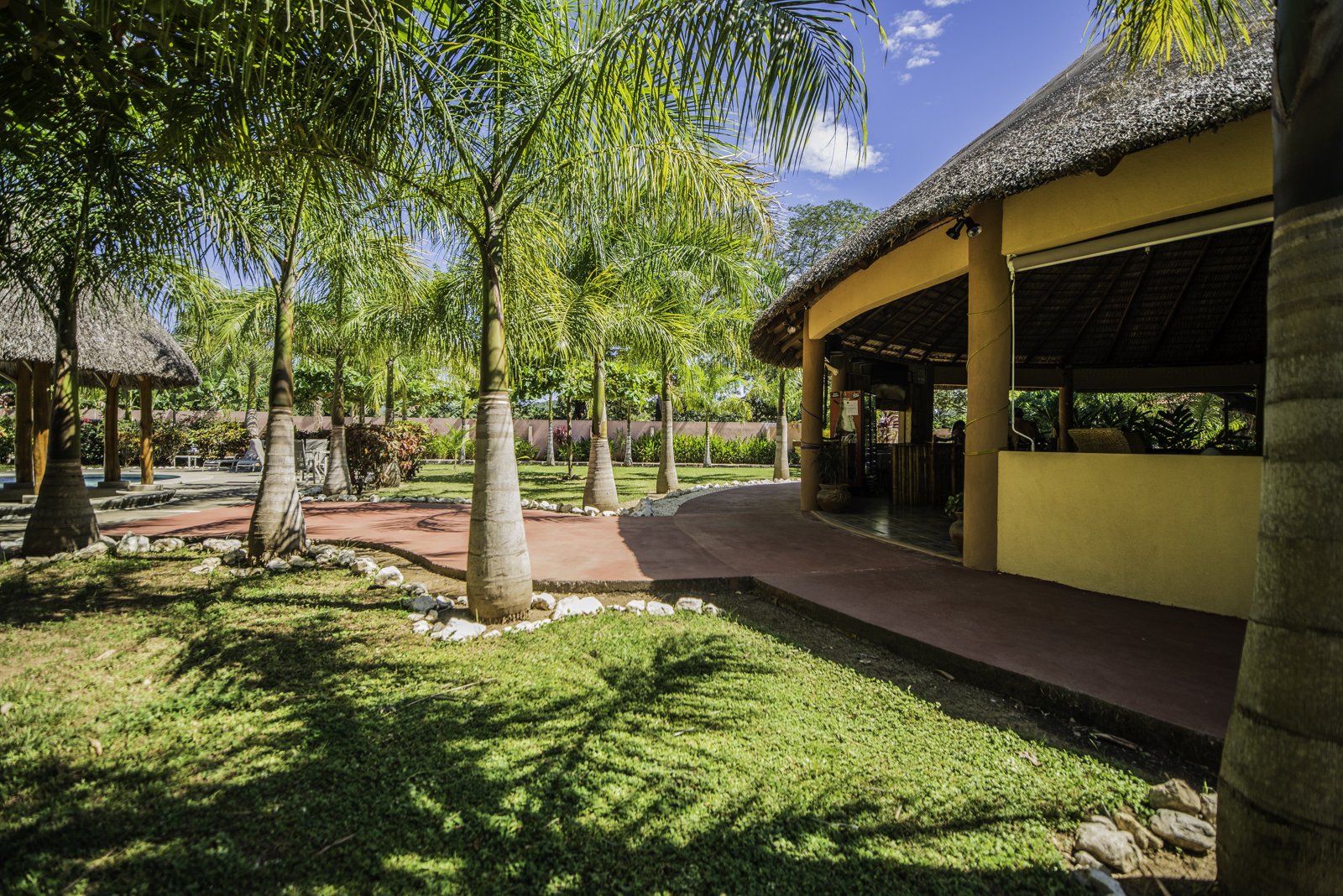 Tropical resort with palm trees, thatched-roof structures, a curved red pathway, and lush greenery under a blue sky.