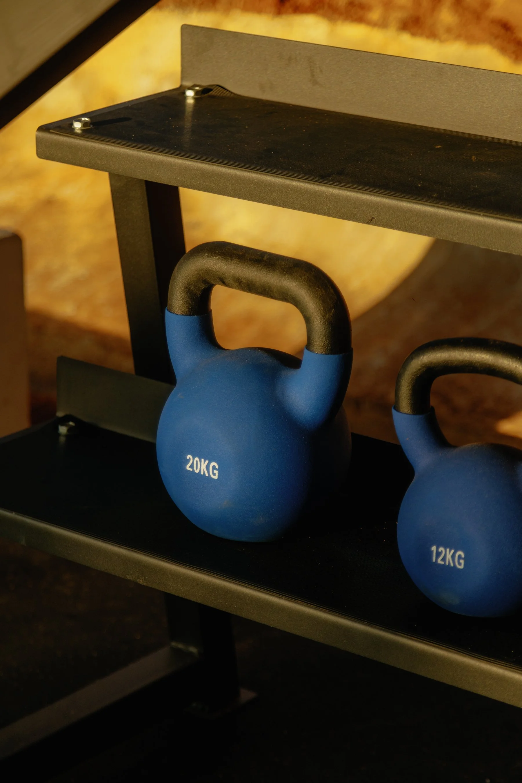 Blue kettlebells labeled 20KG and 12KG on a black gym rack.