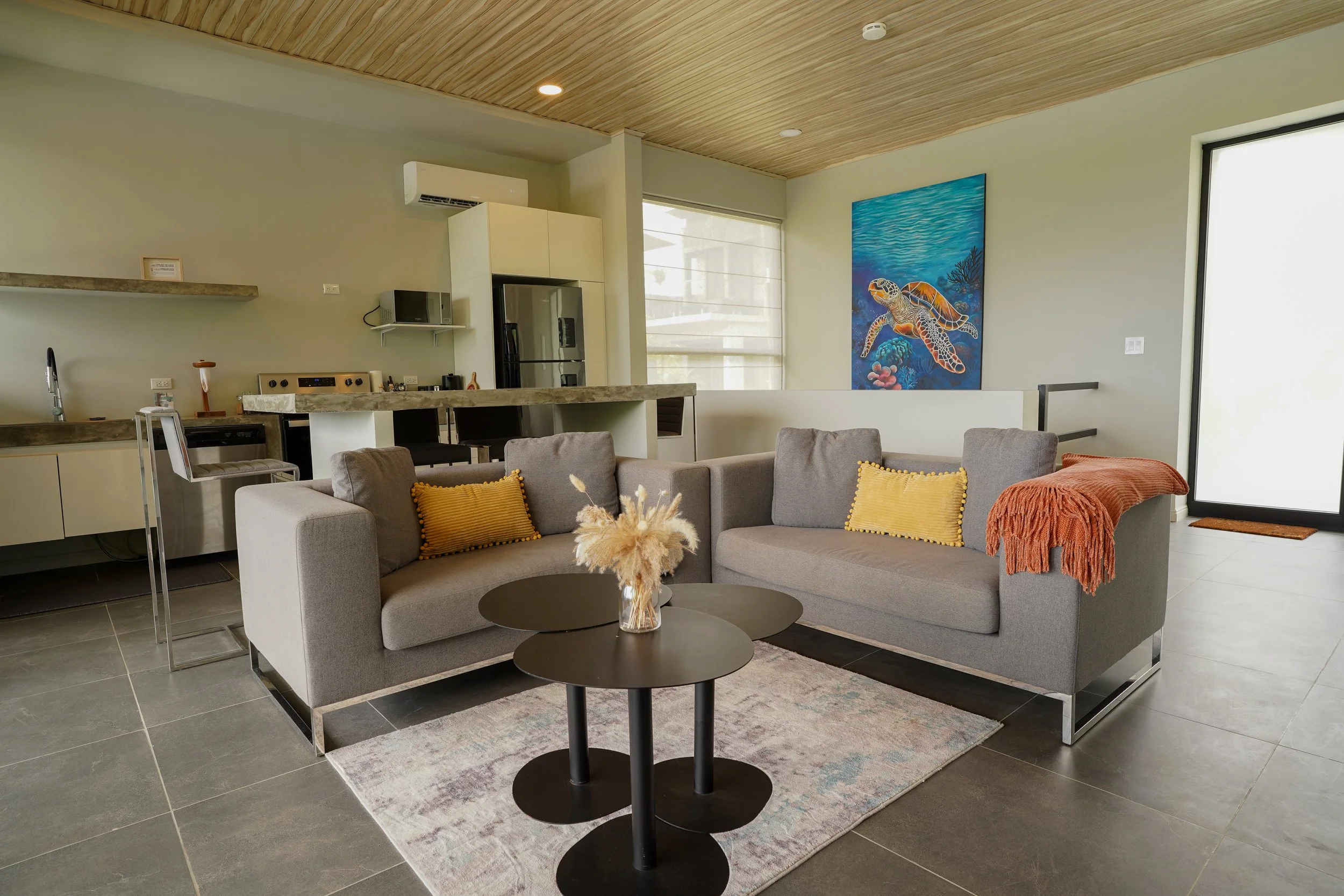 Open-concept living room and modern kitchen at Solindo Stays, featuring gray sofas and colorful local art.