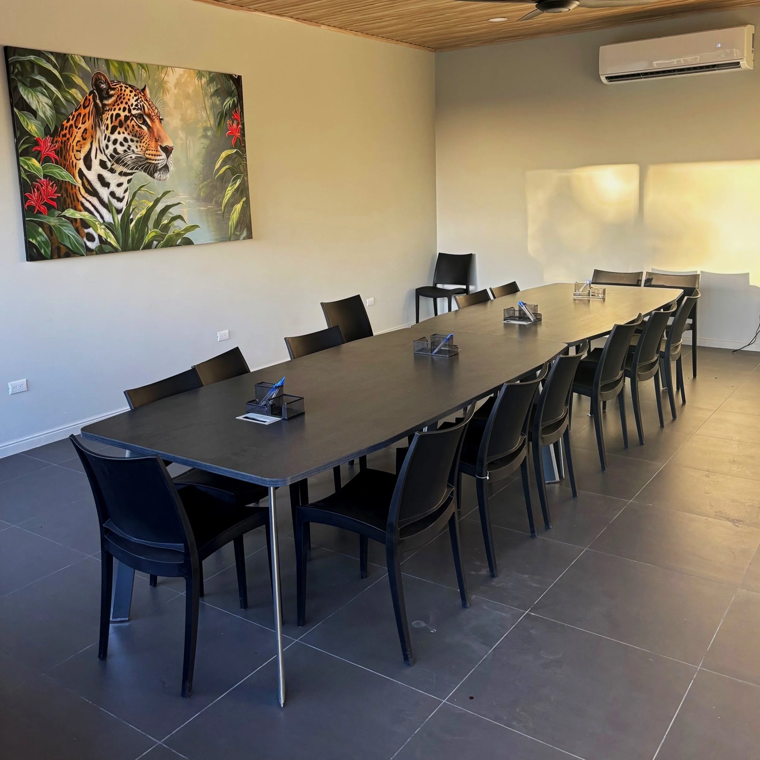 Empty conference room with a long black table, black chairs, a large leopard artwork on the wall, and an air conditioning unit on the ceiling.