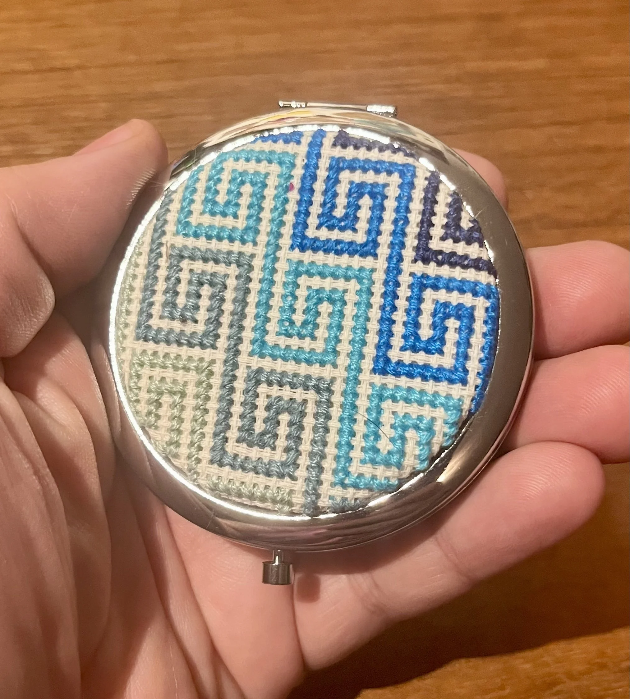 Blue Spiral Cross Stitch Compact Mirror