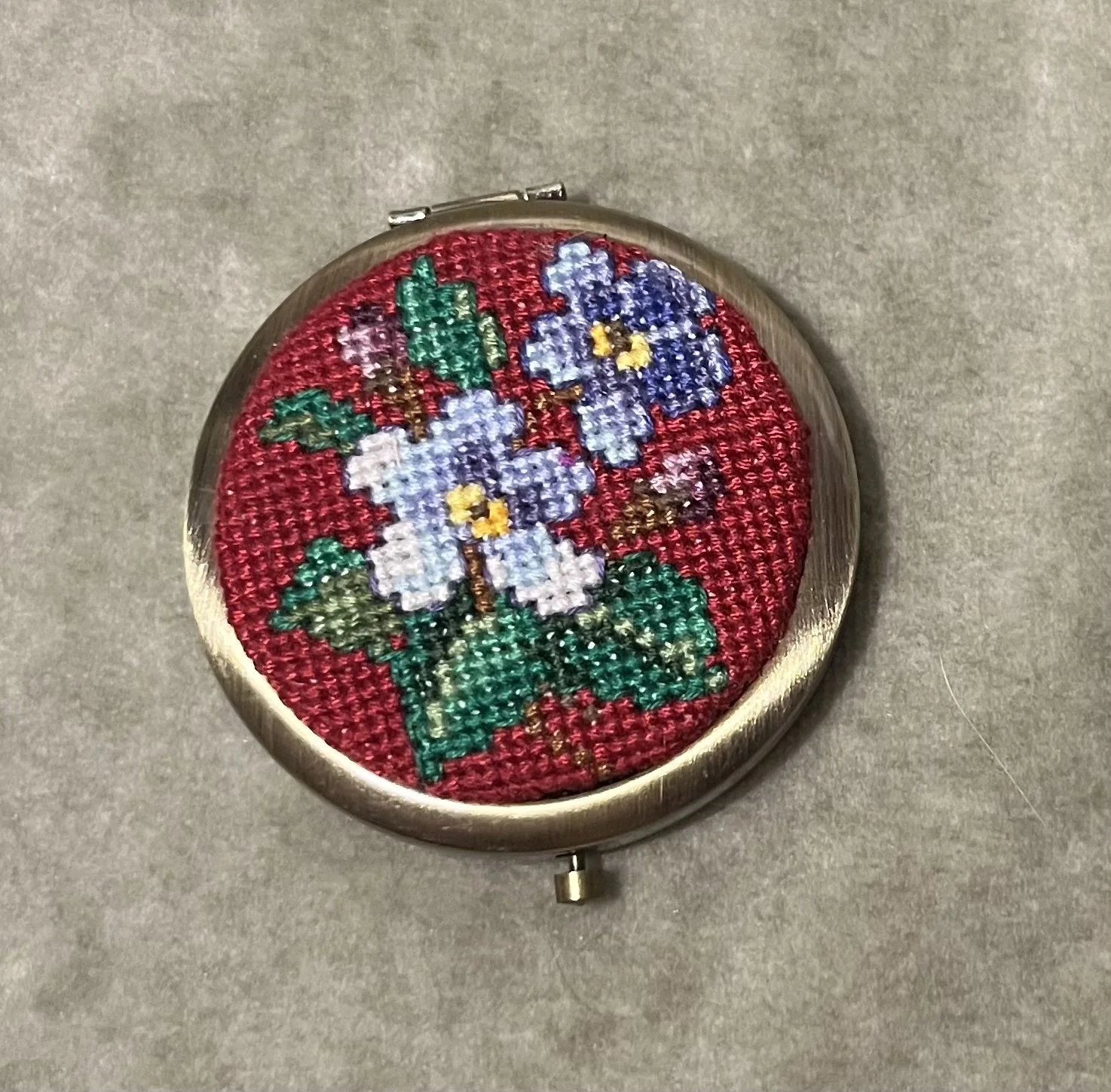 Blue Floral Cross Stitch Compact Mirror